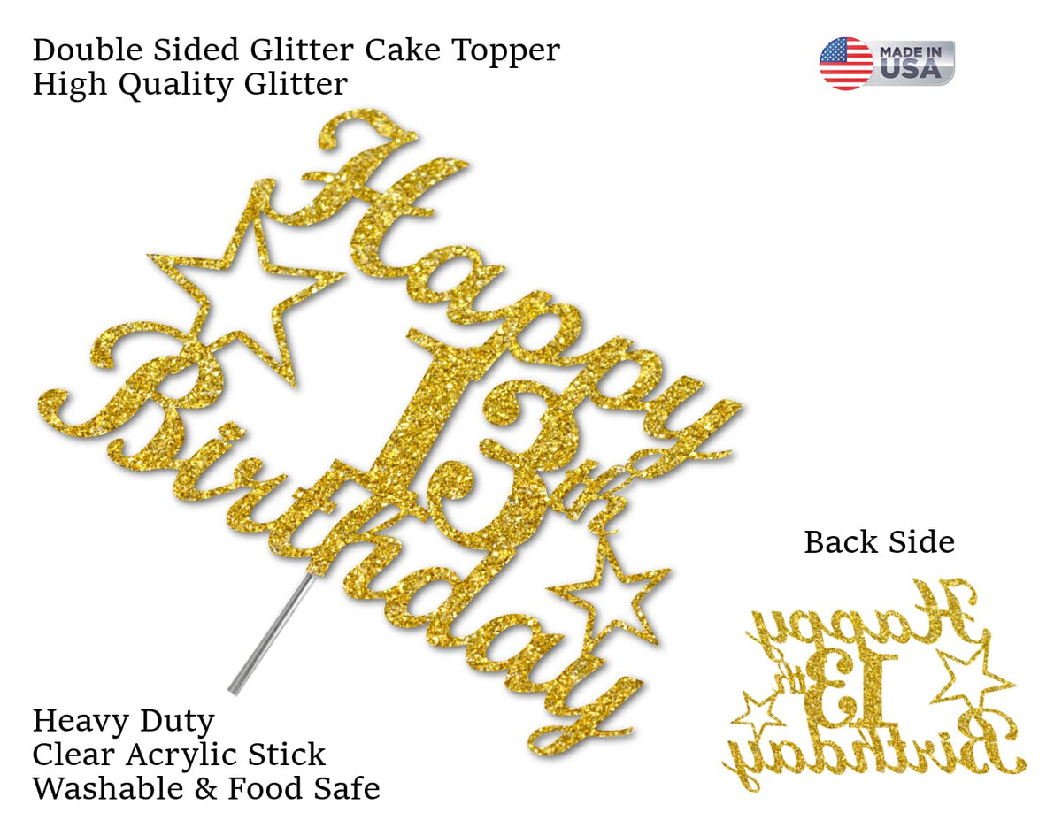 13 Birthday Cake Topper Gold Glitter, Party Decoration Ideas, Enhanced Quality, Sturdy Doubled Sided Glitter, Acrylic Stick. Made In Usa (13Th)