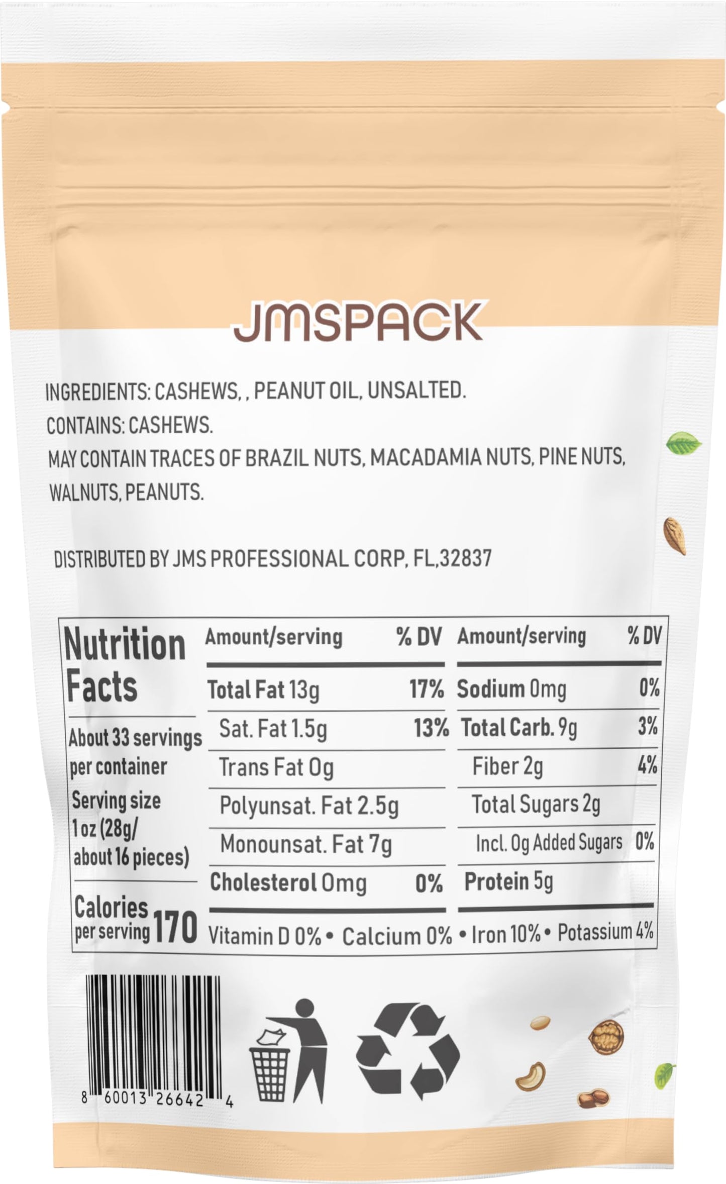 JMSPACK Whole Cashews, Unsalted, 16 Ounces (1 Lb)