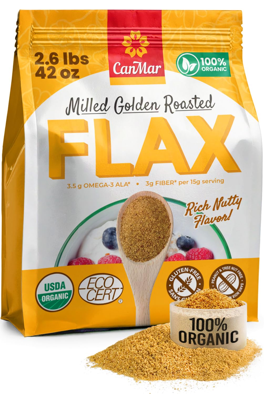 CanMar Ground Milled Golden Roasted Organic Flaxseed, 42 oz - Vegan, Non-GMO, Gluten Free - Flaxseed Meal with Omega-3, Fiber -