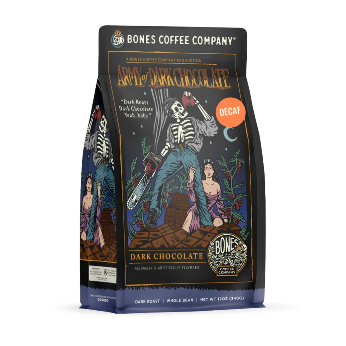 Bones Coffee Company Decaf Dark Chocolate Flavored Ground Coffee, 12 oz Dark Roast Arabica, Low Acid