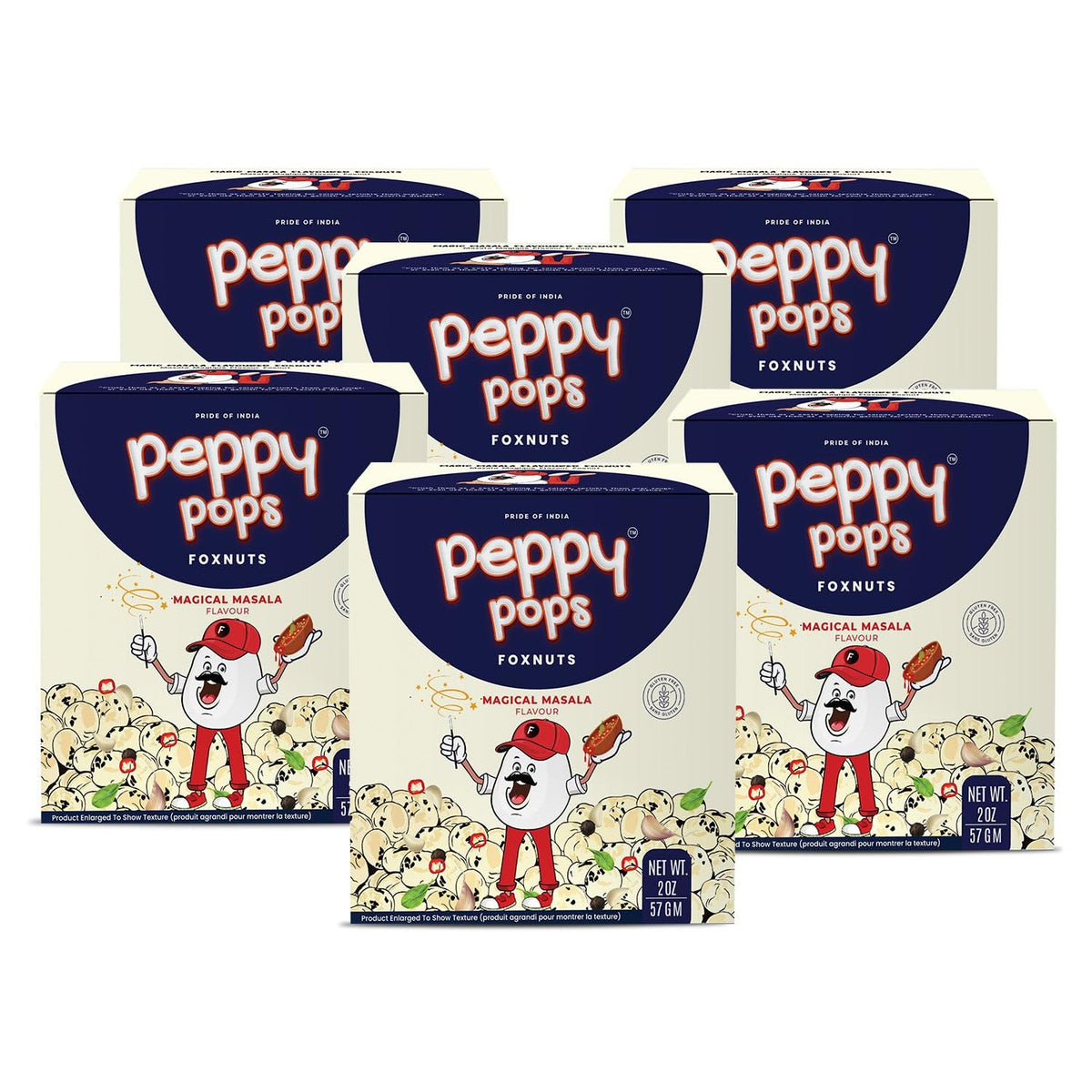 Peppy Pops | PACK OF 6, Magical Masala Roasted Foxnuts 2 oz (57 gm) - Crunchy Makhana Snack, Vegan Gluten Free Protein Snack Pac