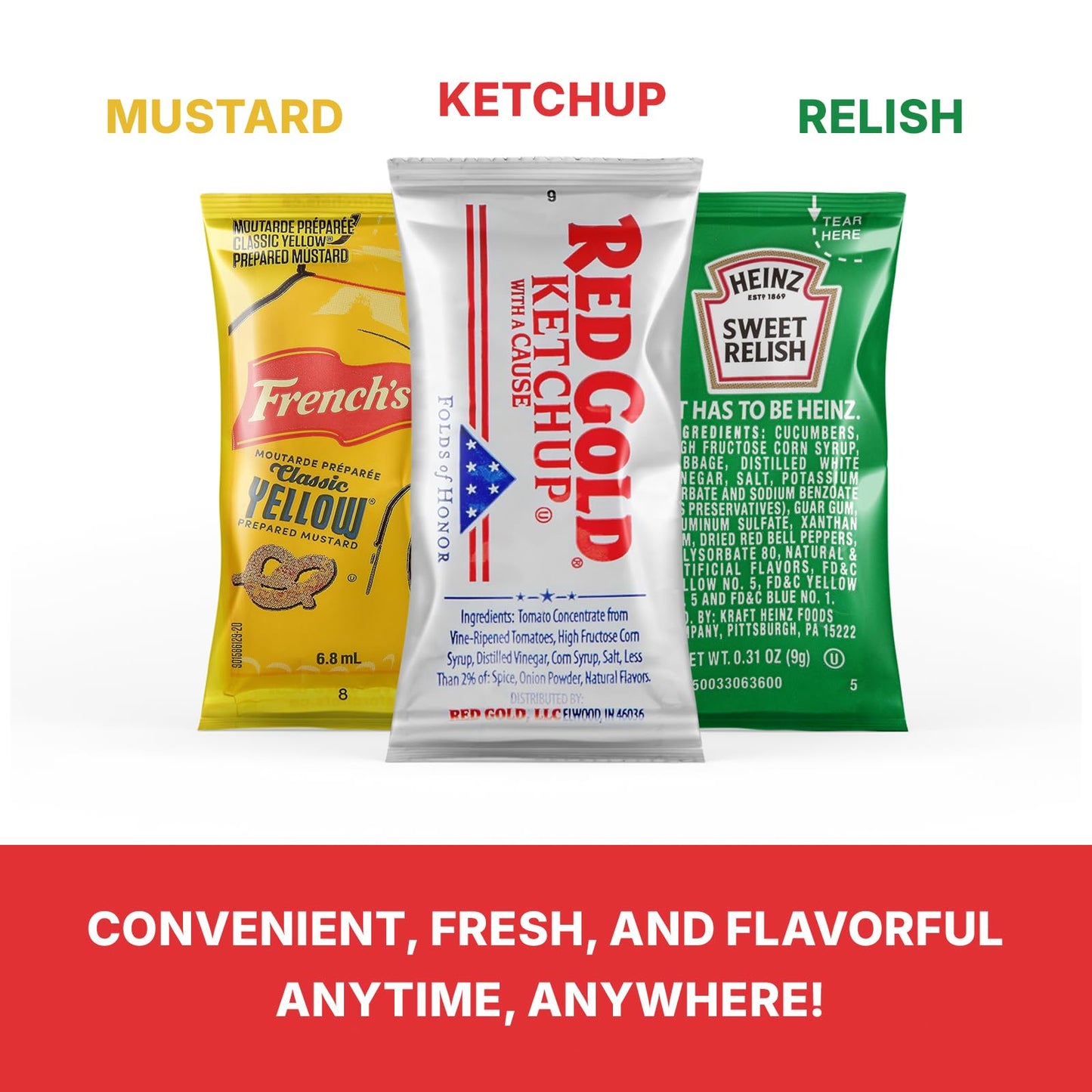 Condiment Variety Pack Single Serve Pouches: Each of KETCHUP, MUSTARD, and RELISH - Perfect for Picnics, Lunch Boxes, BBQs, Trav