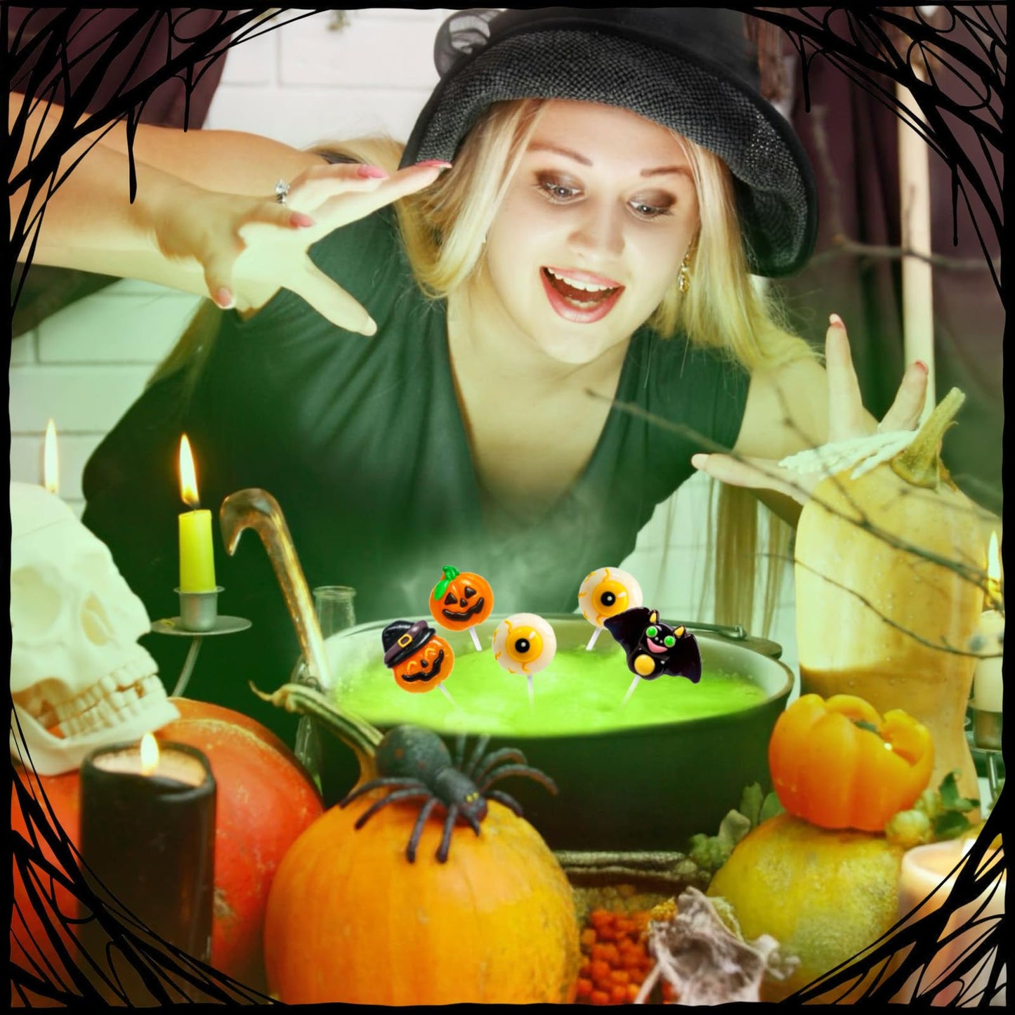 Trick or Treat - 32 Halloween Candy Lollipops Bulk  Hatted Jack-O-Lantern  Creepy Eyeball  Flying Bat and Pumpkin-Shaped Suckers Individually Wrapped Lollipop  Halloween  Assorted Fruit Flavors