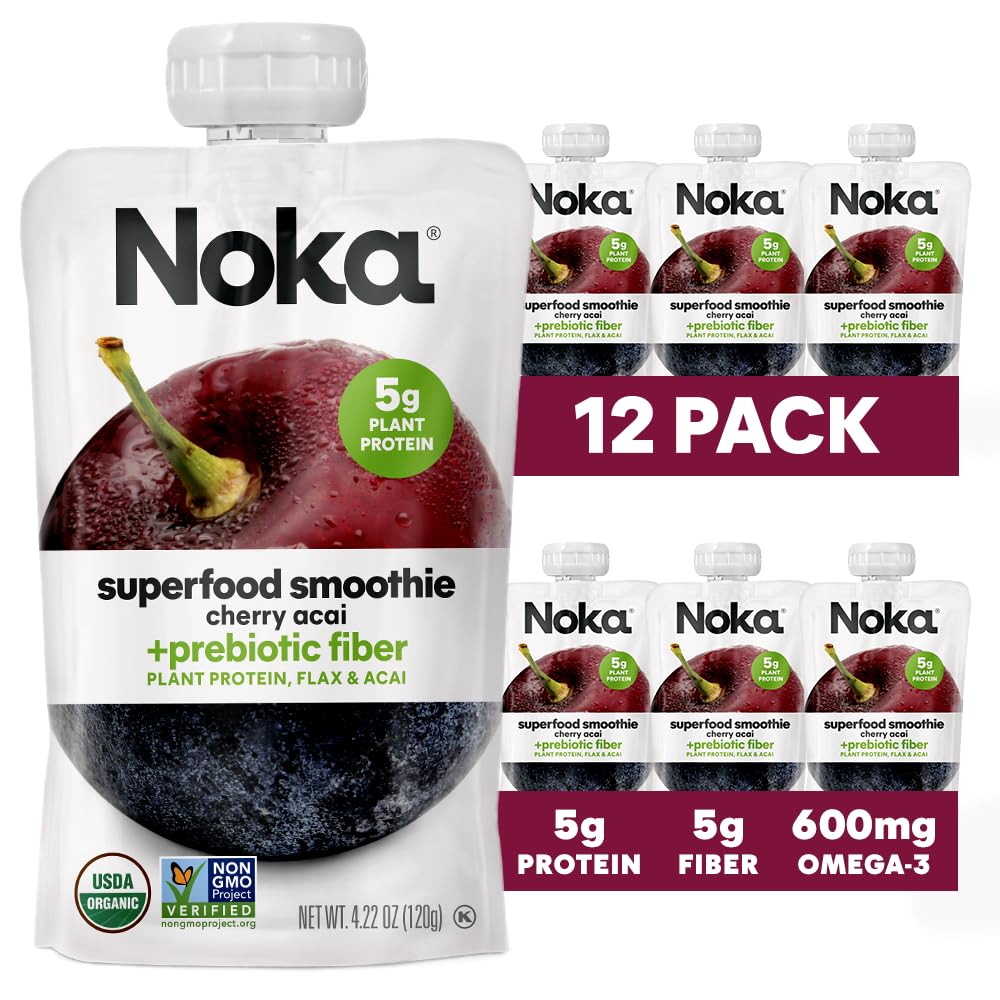Noka Superfood Fruit Smoothie Pouches, Cherry Acai, Healthy Snacks with Flax Seed, Plant Protein and Prebiotic Fiber, Vegan and 