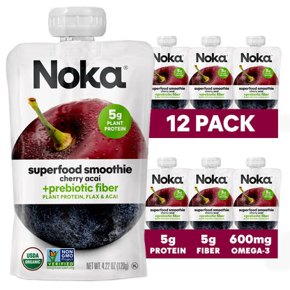 Noka Superfood Fruit Smoothie Pouches, Cherry Acai, Healthy Snacks with Flax Seed, Plant Protein and Prebiotic Fiber, Vegan and 