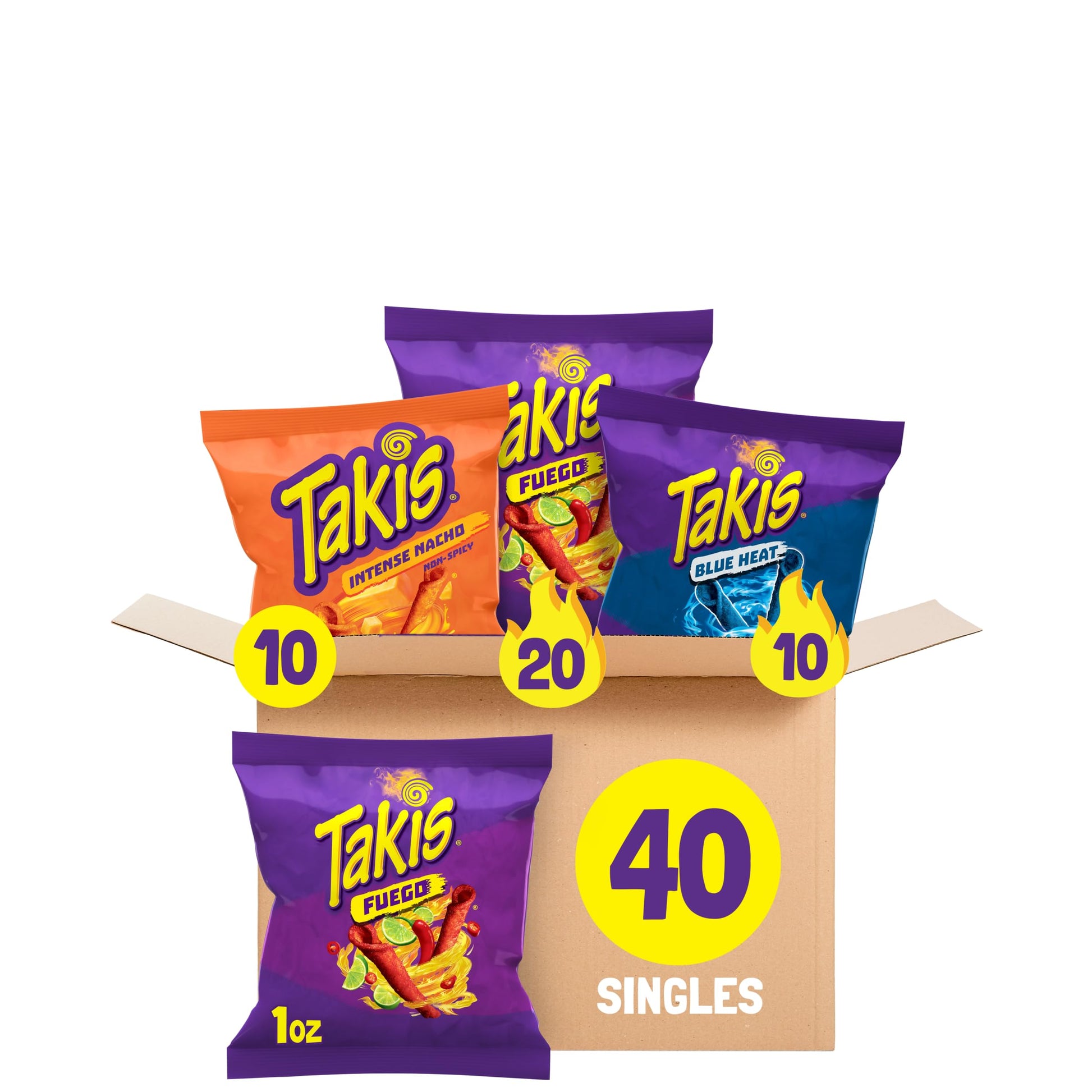 Takis 40 pc / 1oz Hero Variety Pack - Fuego, Blue Heat & Intense Nacho Flavored Rolled Tortilla Chips - (20) Fuego, (10) Blue He