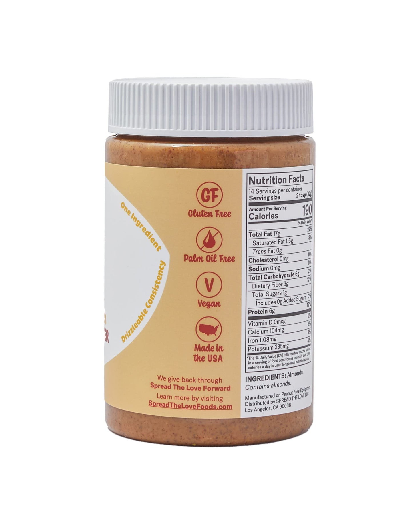 Spread The Love Almond Butter, Unsalted Crunch, 16 Ounce, All Natural, Vegan, Gluten Free