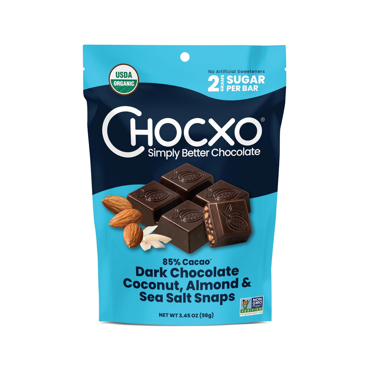Chocxo Dark Chocolate Coconut Almond & Sea Salt Snaps - Low In Sugar, Organic 85% Cacao, Non-Gmo, Keto Certified, Gluten Free & Kosher. No Artificial Sweeteners Or Sugar  S, 3.45 Oz (Pack Of 6)