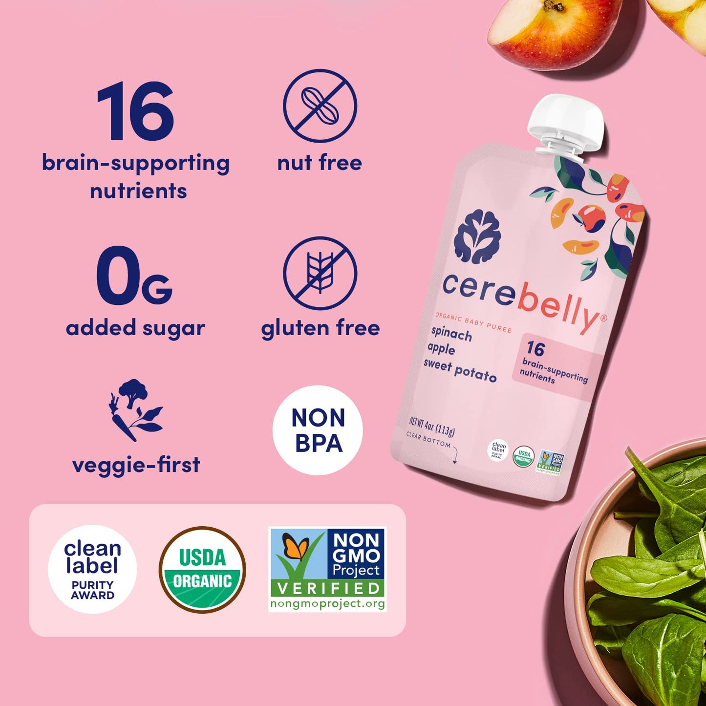 Cerebelly Organic Baby Food Pouches, Spinach Apple Sweet Potato Purees, 16 Nutrients, No Added Sugar, Fiber & Non-Gmo, 4Oz, 1 Count