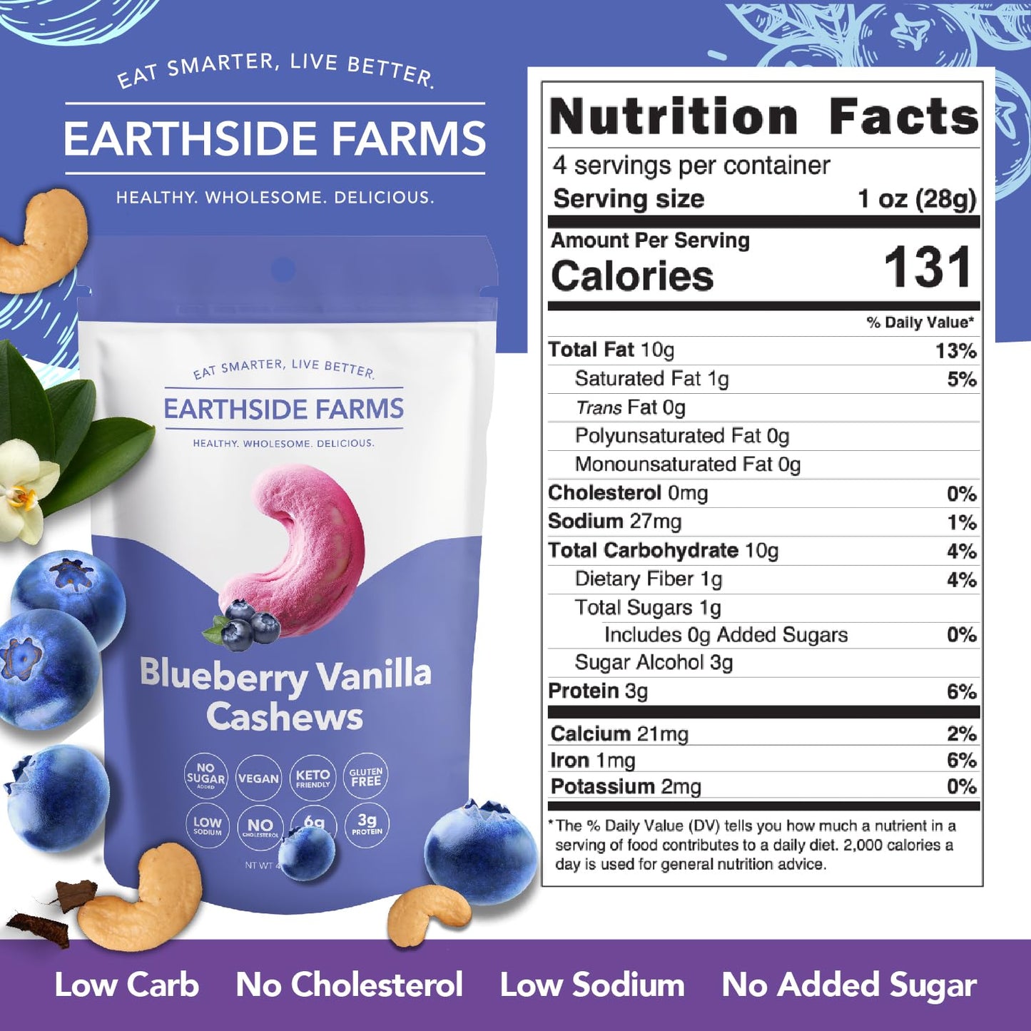 Earthside Farms Candied Nuts, Keto Friendly, Blueberry Vanilla Cashews, Low Sugar, Individually Wrapped, 4 Ounce (Pack of 3)