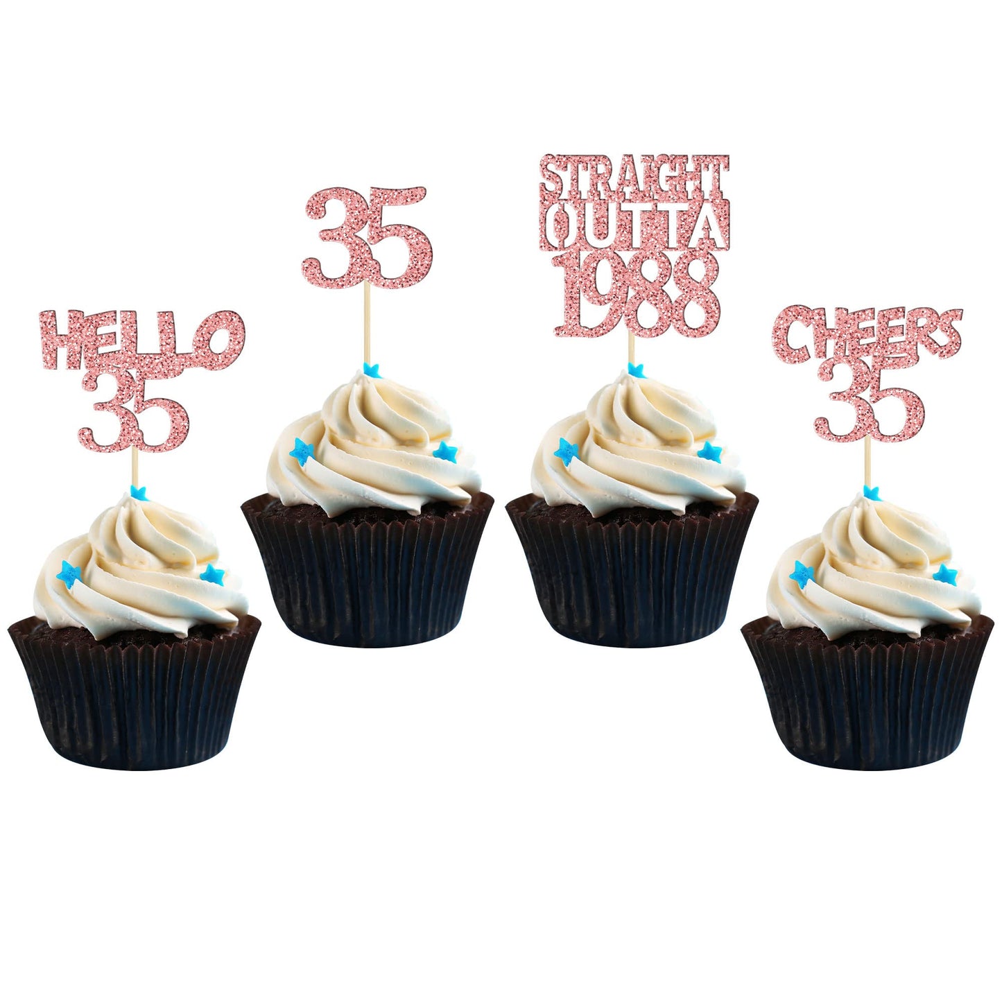 Gyufise 24Pcs Cheers to 35 Years Birthday Cupcake Toppers Glitter Thirty-five Straight Outta 1988 Cupcake Picks Happy 35th Cake