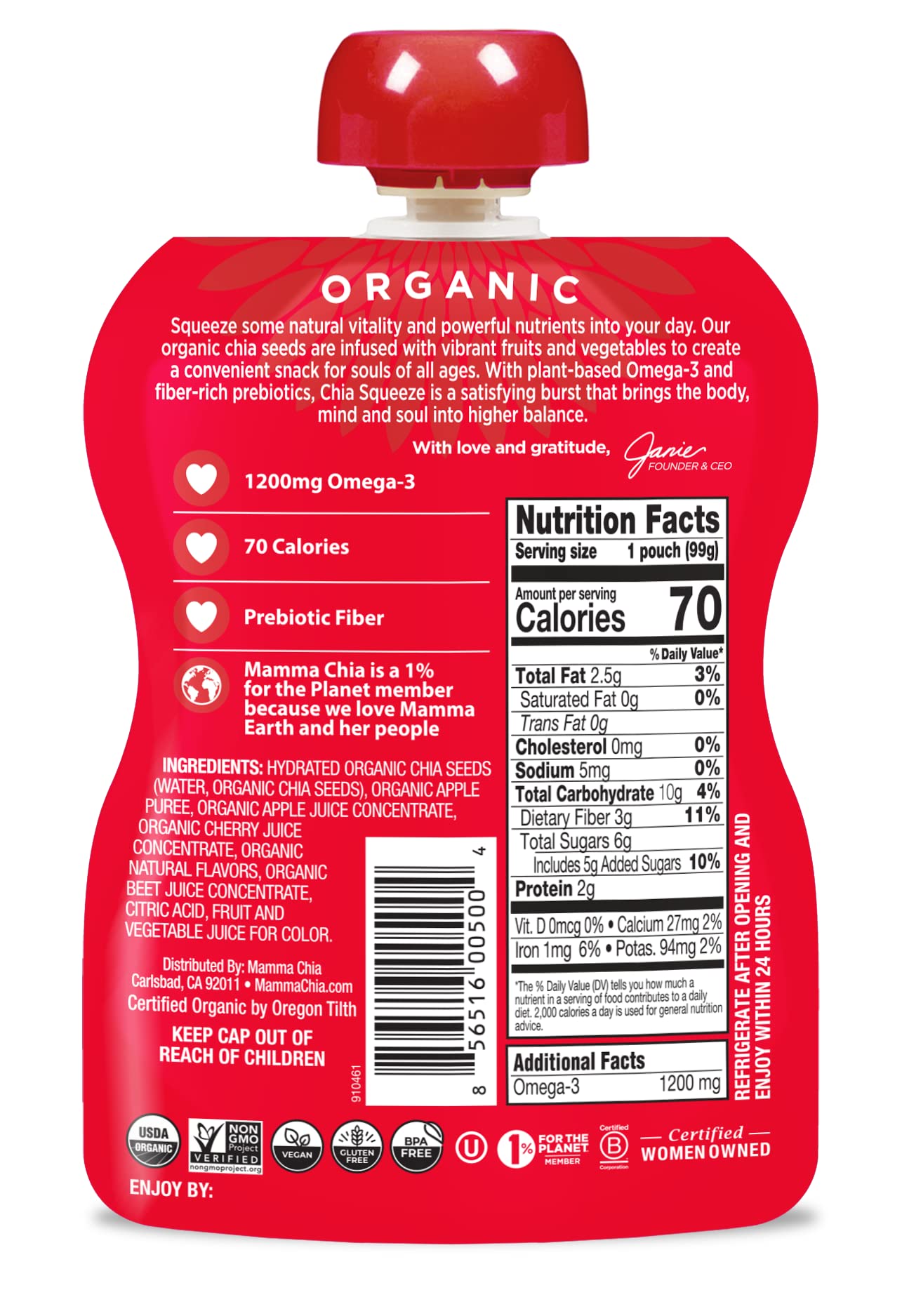 Mamma Chia Organic Vitality Squeeze Snack, Cherry Love, 16- 3.5 Ounce Chia Vitality Snack, Usda Organic, Non-Gmo, Vegan, Gluten