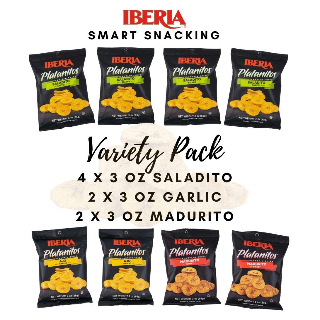 Iberia Plantain Chips, Variety, 4 Salted Plantain Chips, 2 Naturally Sweet Plantain Chips, 2 Garlic Plantain Chips, 3 Ounce (Pac