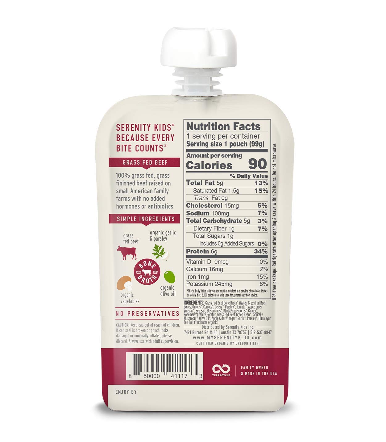 Serenity Kids Beef Bone Broth Puree With Organic Veggies - Protein-Rich Bpa-Free Pouches & Grass Fed Beef Baby Food - Clean Label Project Purity Award Certified - 3.5 Oz, 6 Pack