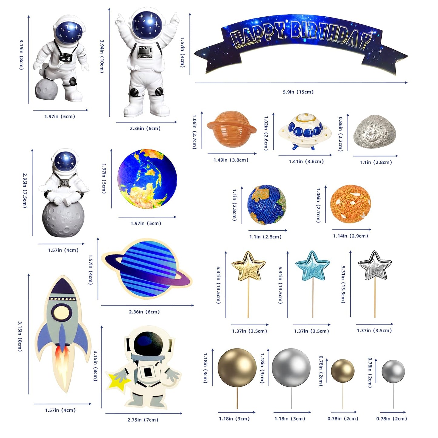 Ayearparty 32 Pcs Space Cake Toppers Outer Space Cake Decorations Astronaut Figurines Planet Rocket Stars And Satellite Pearl Ba