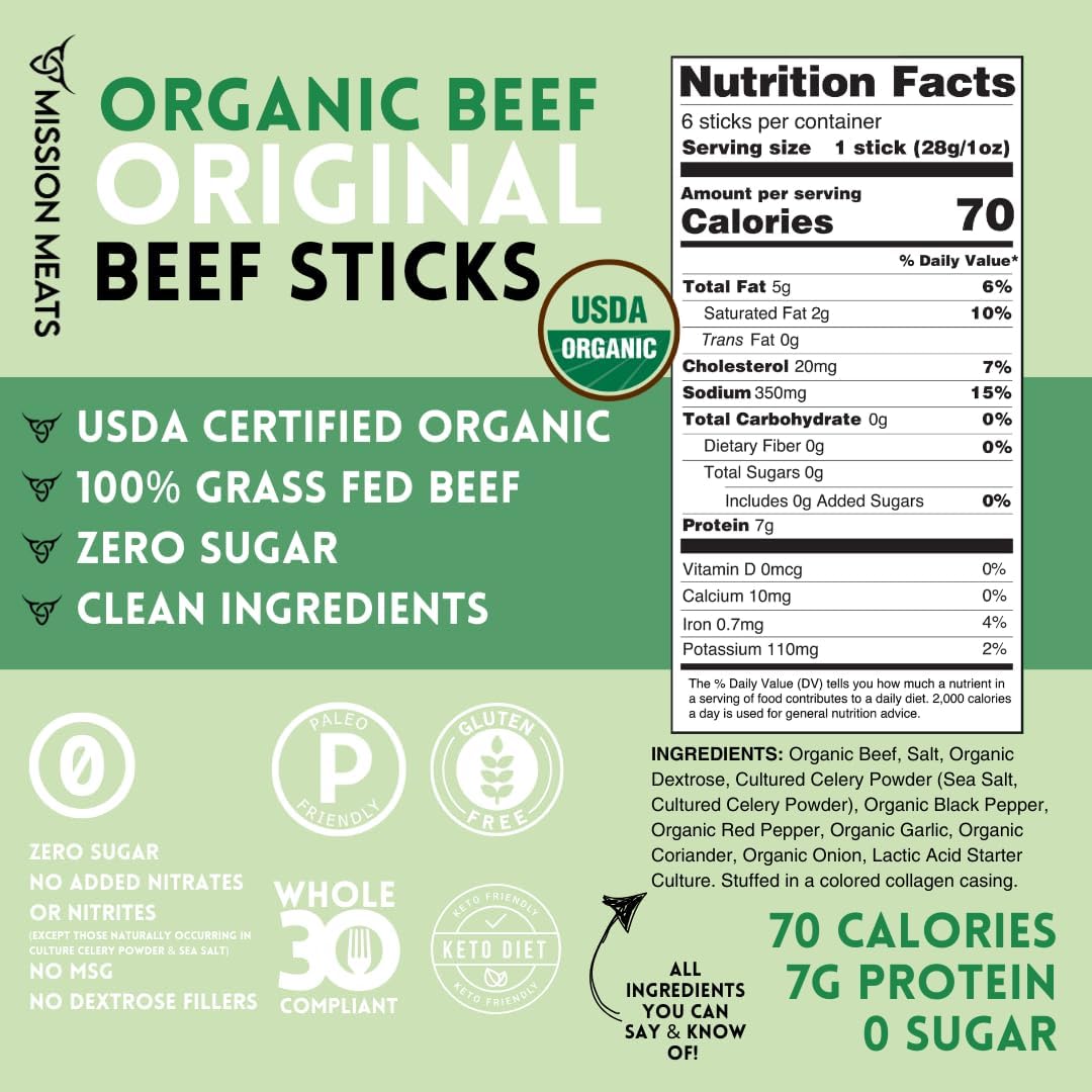 Mission Meats 100% Certified Organic Beef Sticks - Pasture-Raised  Zero Sugar  Non-GMO  Healthy Individually Wrapped Meat Sticks Snack  0.75oz (24 Count)