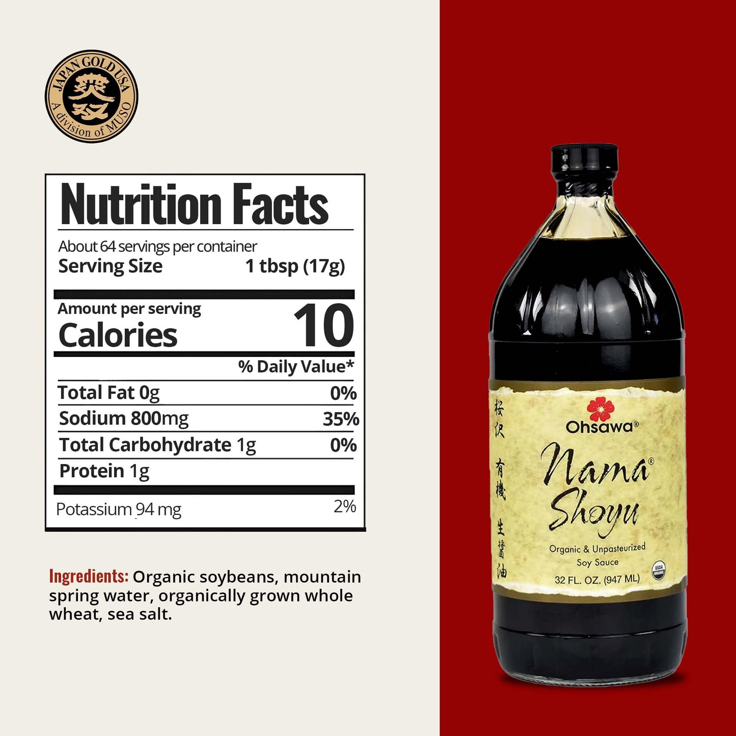 Ohsawa Nama Shoyu, Organic and Aged in 150 Year Cedar Kegs for Extra Flavor - Japanese Soy Sauce, Non-GMO, Vegan, Kosher - 32 oz