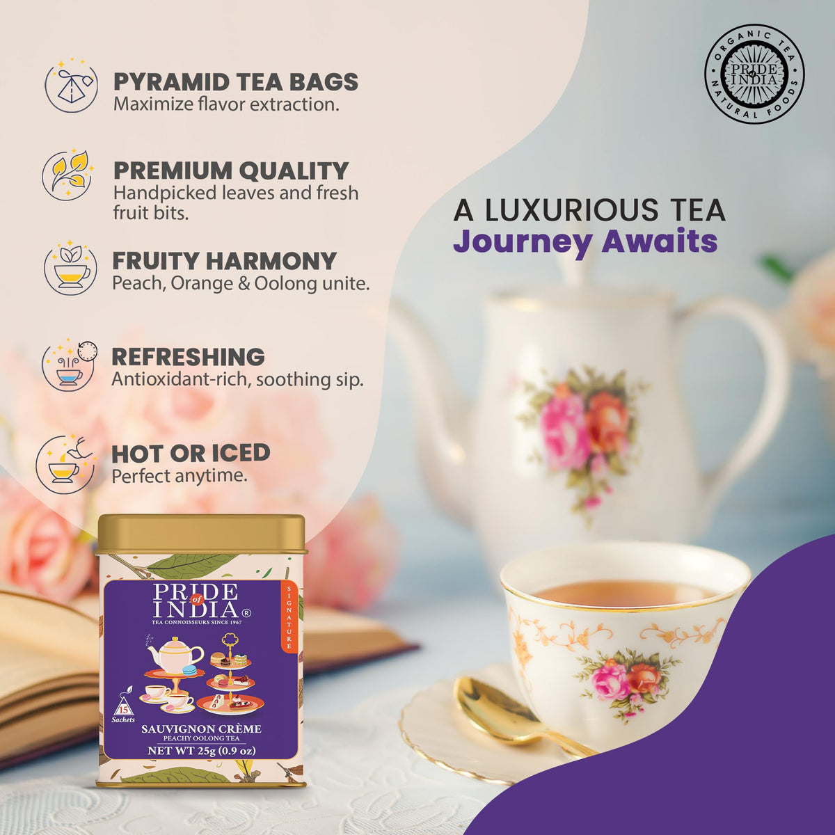 Pride Of India | Pack Of 6 - Sauvignon Crème Peachy Oolong Tea | 15 Pyramid Full Leaf Individually Wrapped Tea Bags | Fruity, Creamy & Citrusy Taste | Refreshing & Relaxing Experience | Caffeine