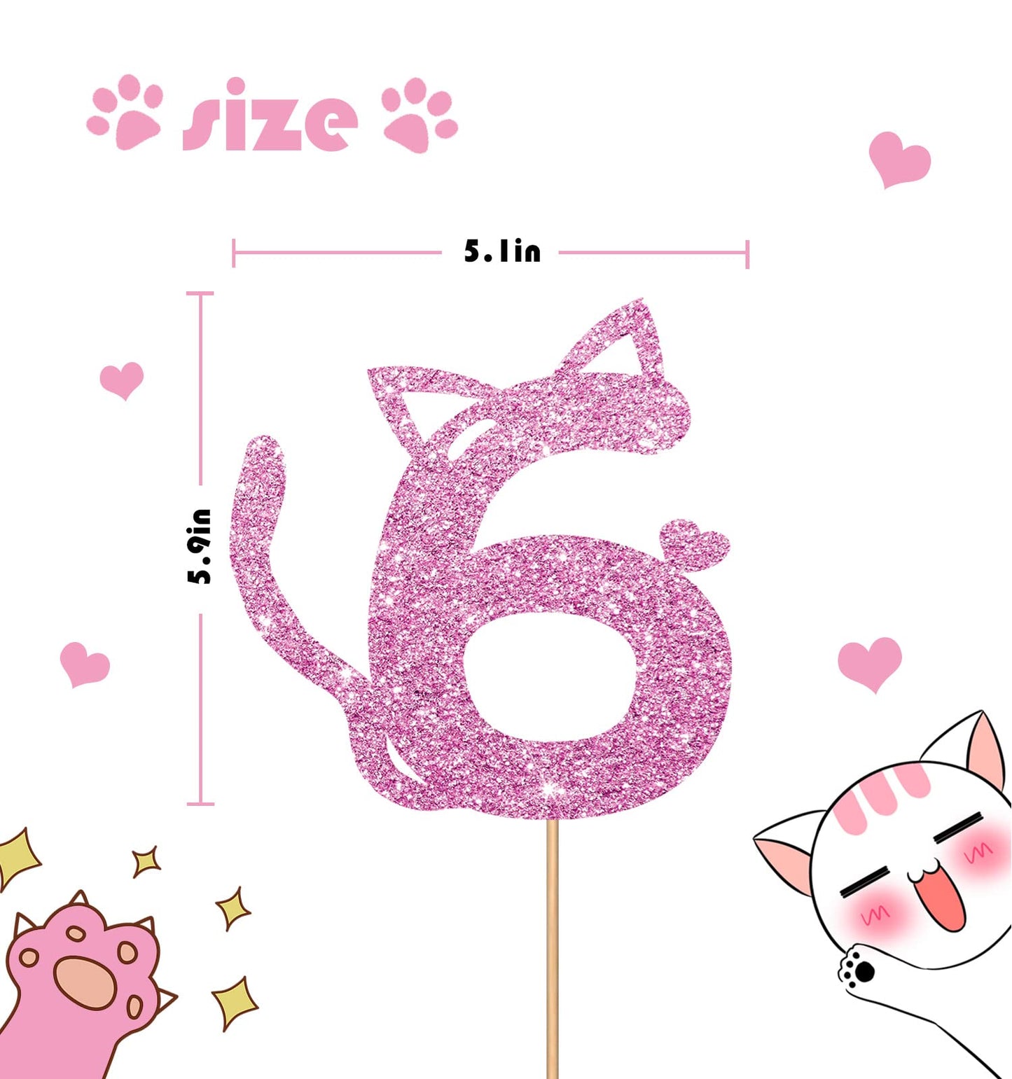 MINUET MINUTE Cat Six Cake Topper - Pink Glitter, Number 6 Birthday Decoration for Baby Girl Party Supplies