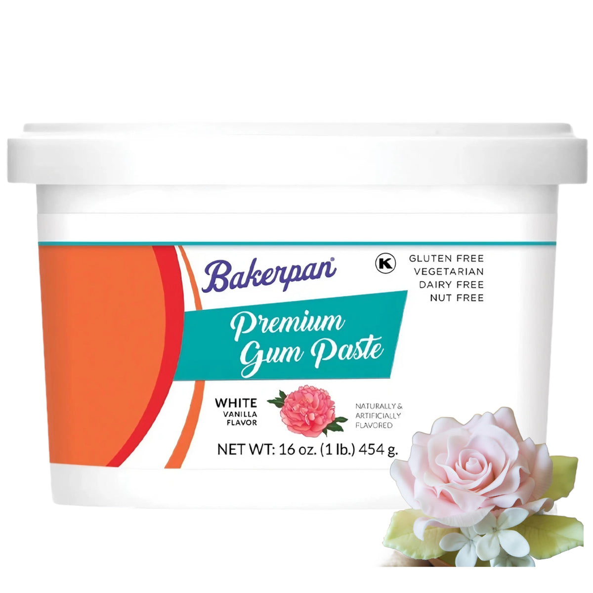 Bakerpan White Gum Paste For Cake Decorating, Create Flowers, Leaves, Elegant Ruffles - 1 Pound, Vanilla Flavor (Made In Usa)