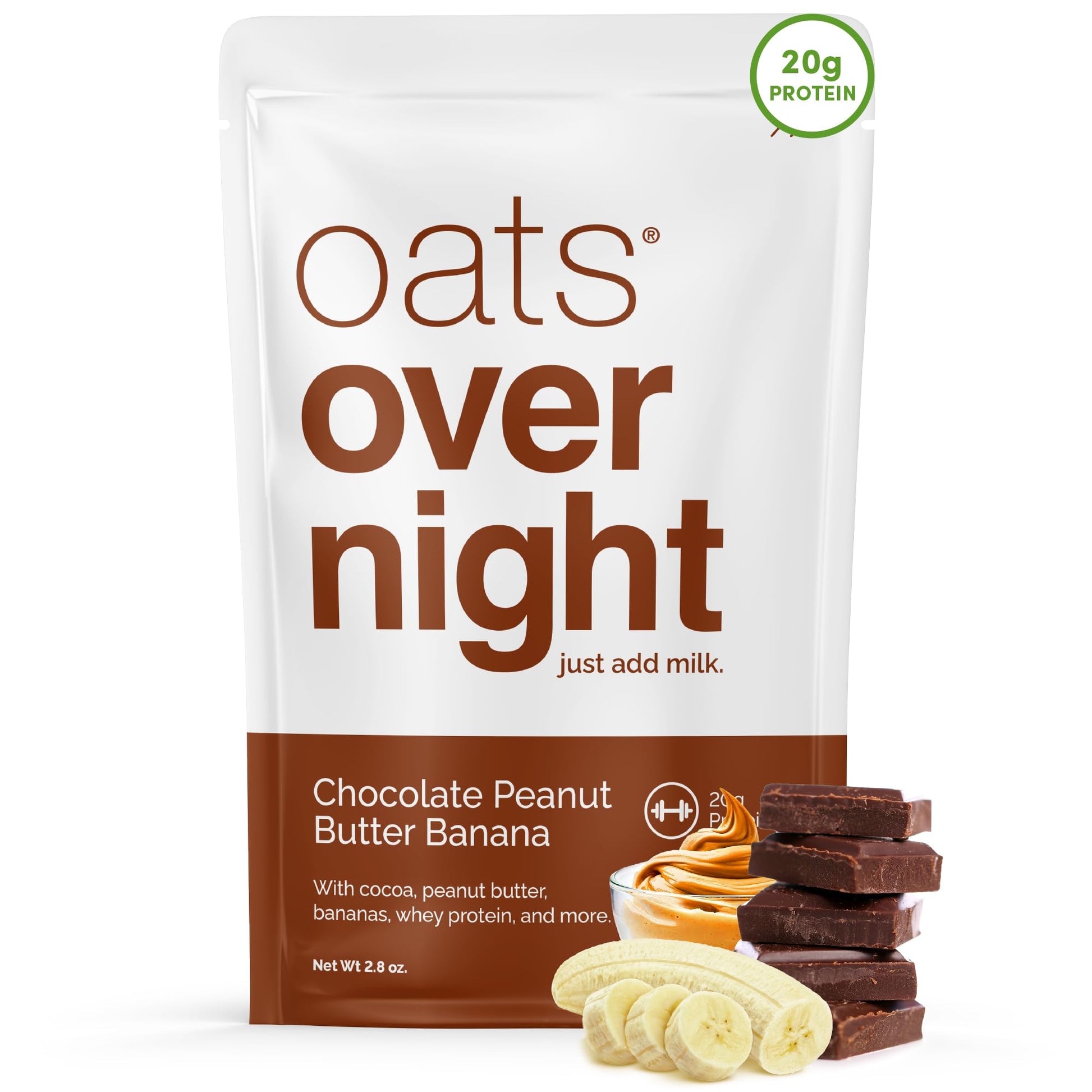 Oats Overnight Chocolate Peanut Butter Banana Overnight Oats, 20g Protein, Gluten Free, 2.8 oz (Pack of 16)