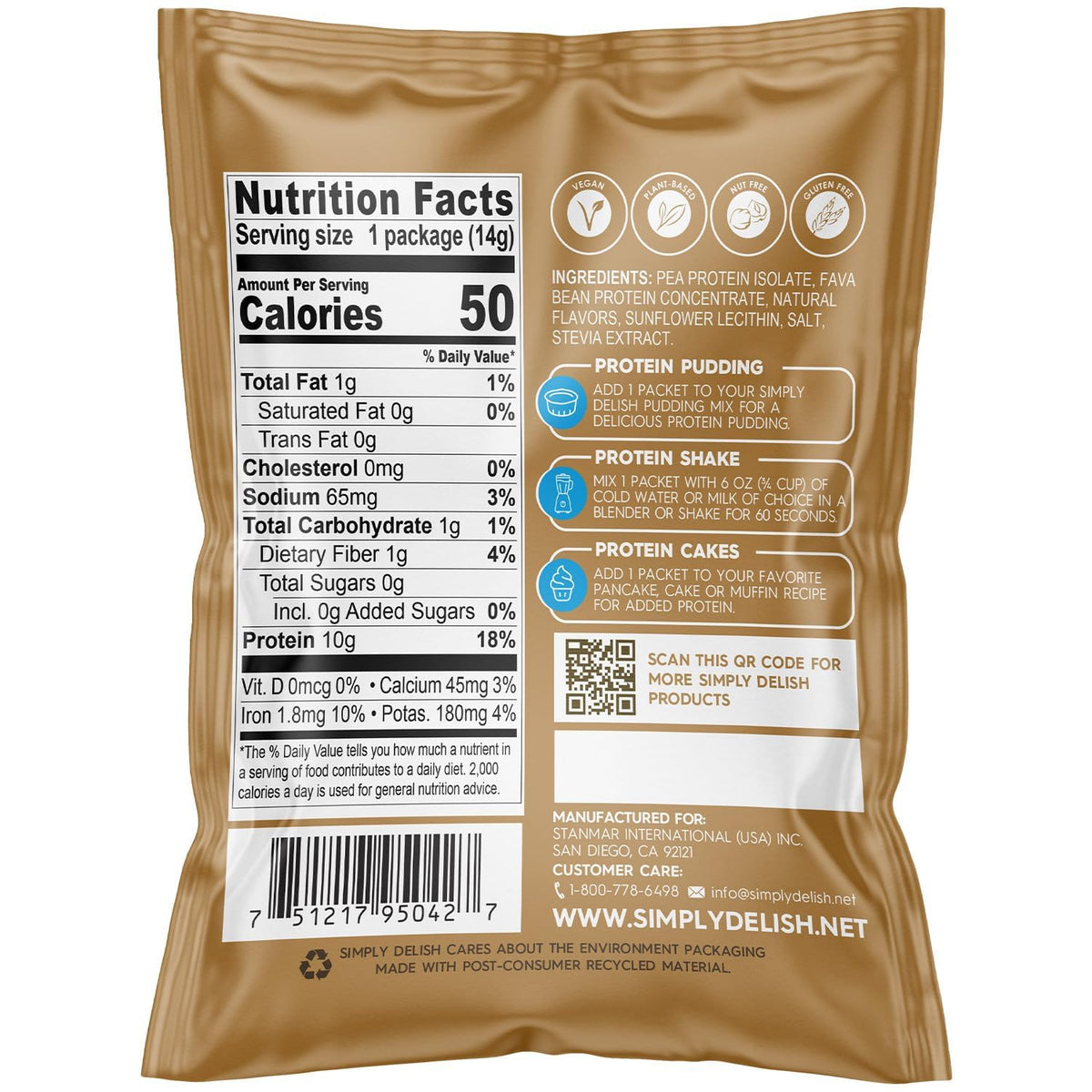 Simply Delish Plant-Based Protein Powder, Sugar Free, Vanilla, 0.49 Ounce (Pack of 6)