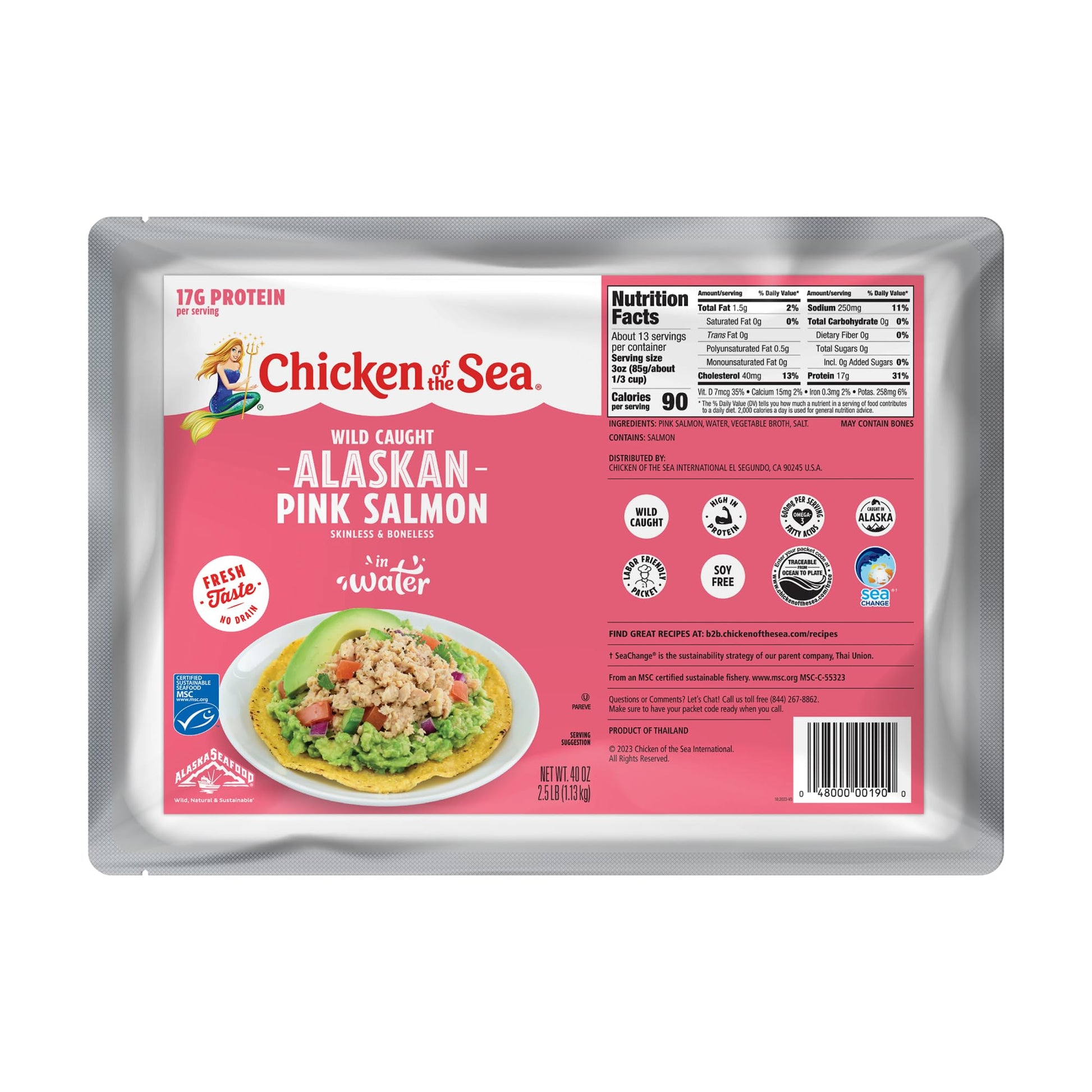Chicken Of The Sea Pink Salmon In Spring Water, 40 Ounce Packets (Box Of 6), Wild Caught, Boneless, Foodservice Size