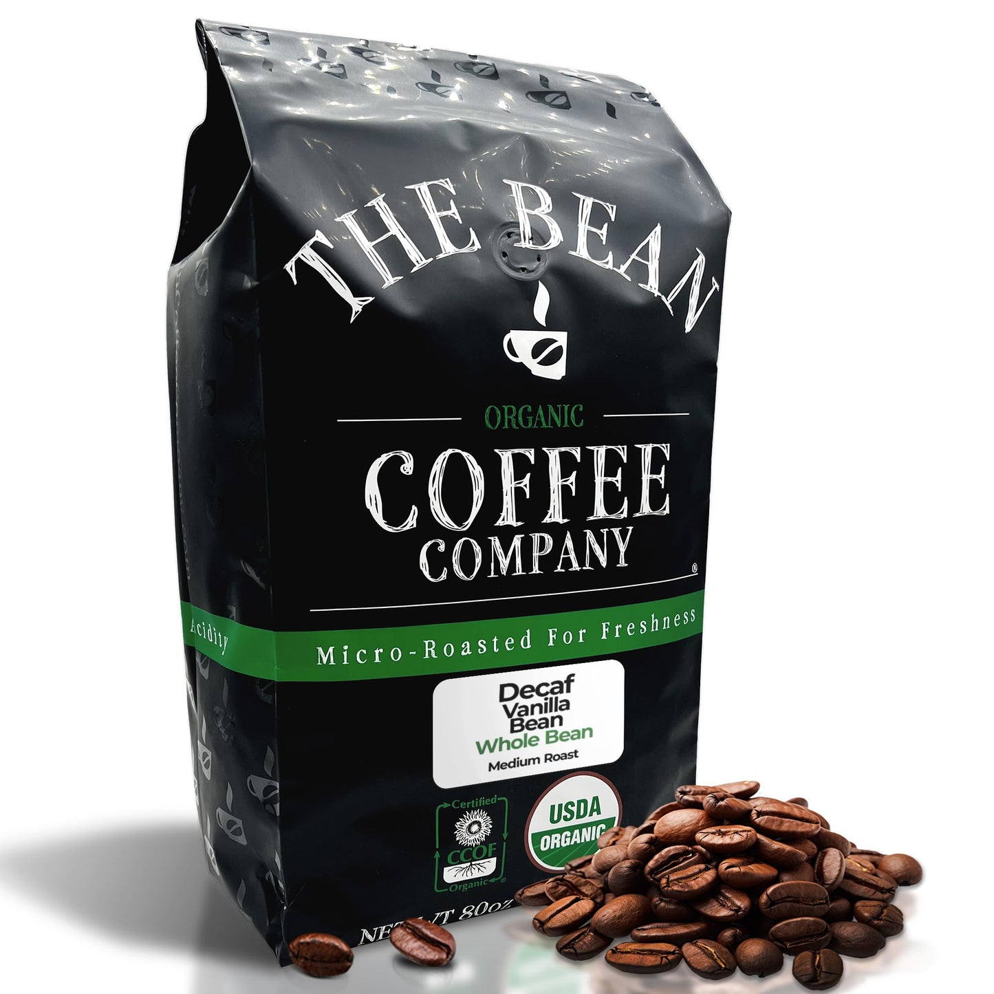 The Bean Organic Coffee Company Water Processed DECAF Vanilla Bean, Medium Roast, Whole Bean Coffee, 5-Pound Bag