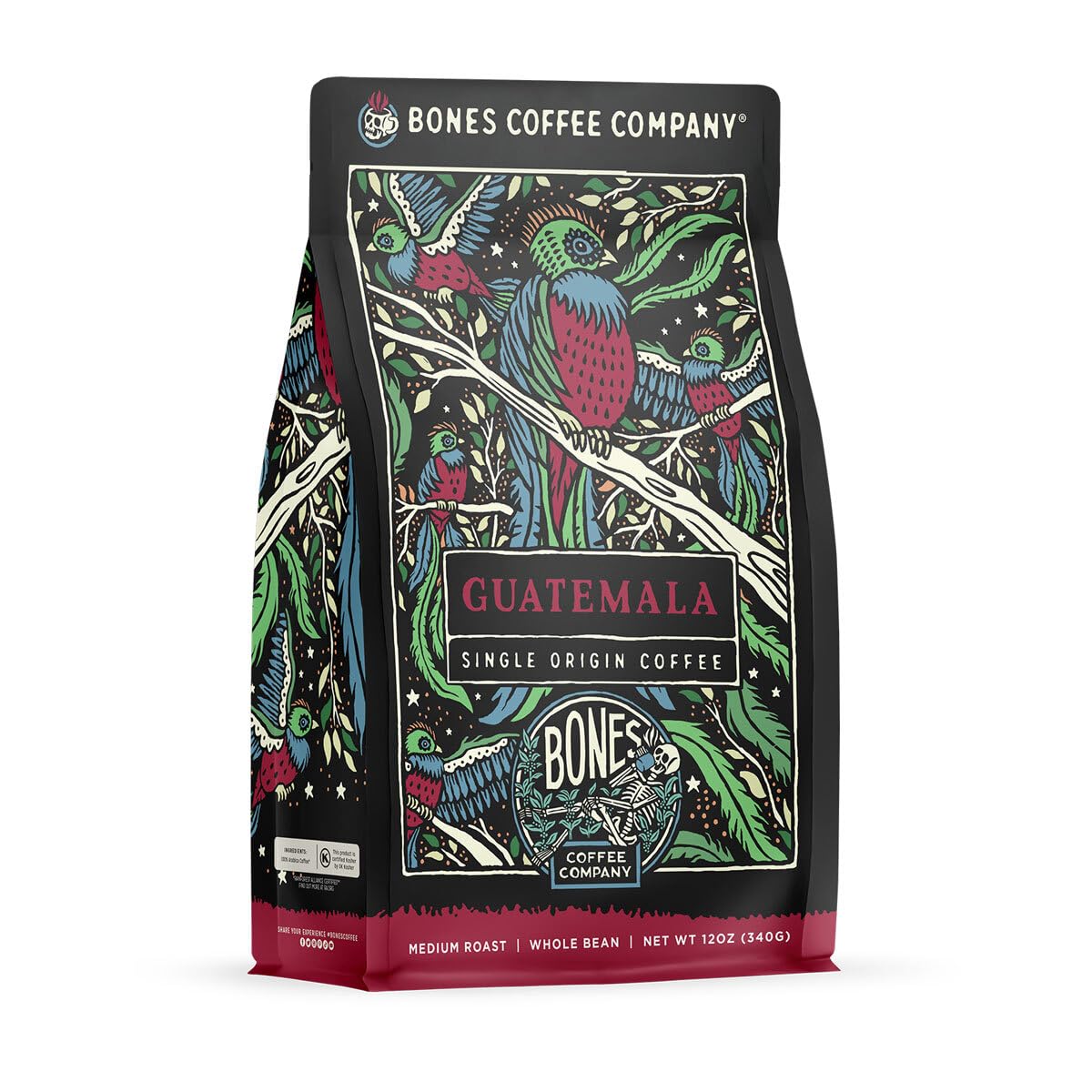 Bones Coffee Company Guatamela Single-Origin Ground Coffee Beans, Low Acid Coffee, Made With Arabica Coffee Beans, Coffee Lover Gift Ideas, Ground Coffee Medium Roast (12 Oz)