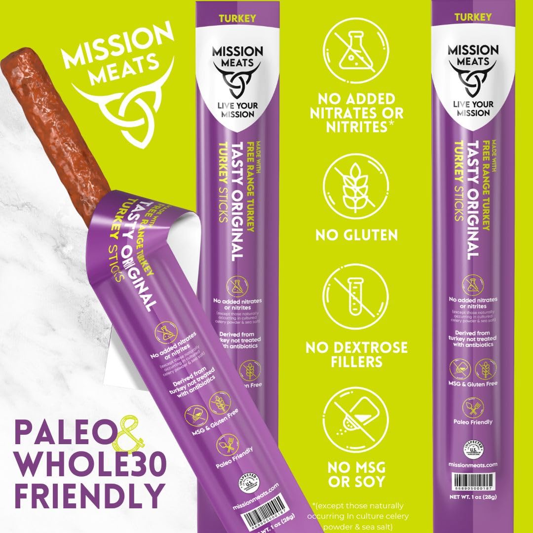 Mission Meats Turkey Sticks - Free Range, Gluten Free, Whole 30, Paleo, Keto Meat Sticks, Sugar Free Jerky Turkey Sticks Individ