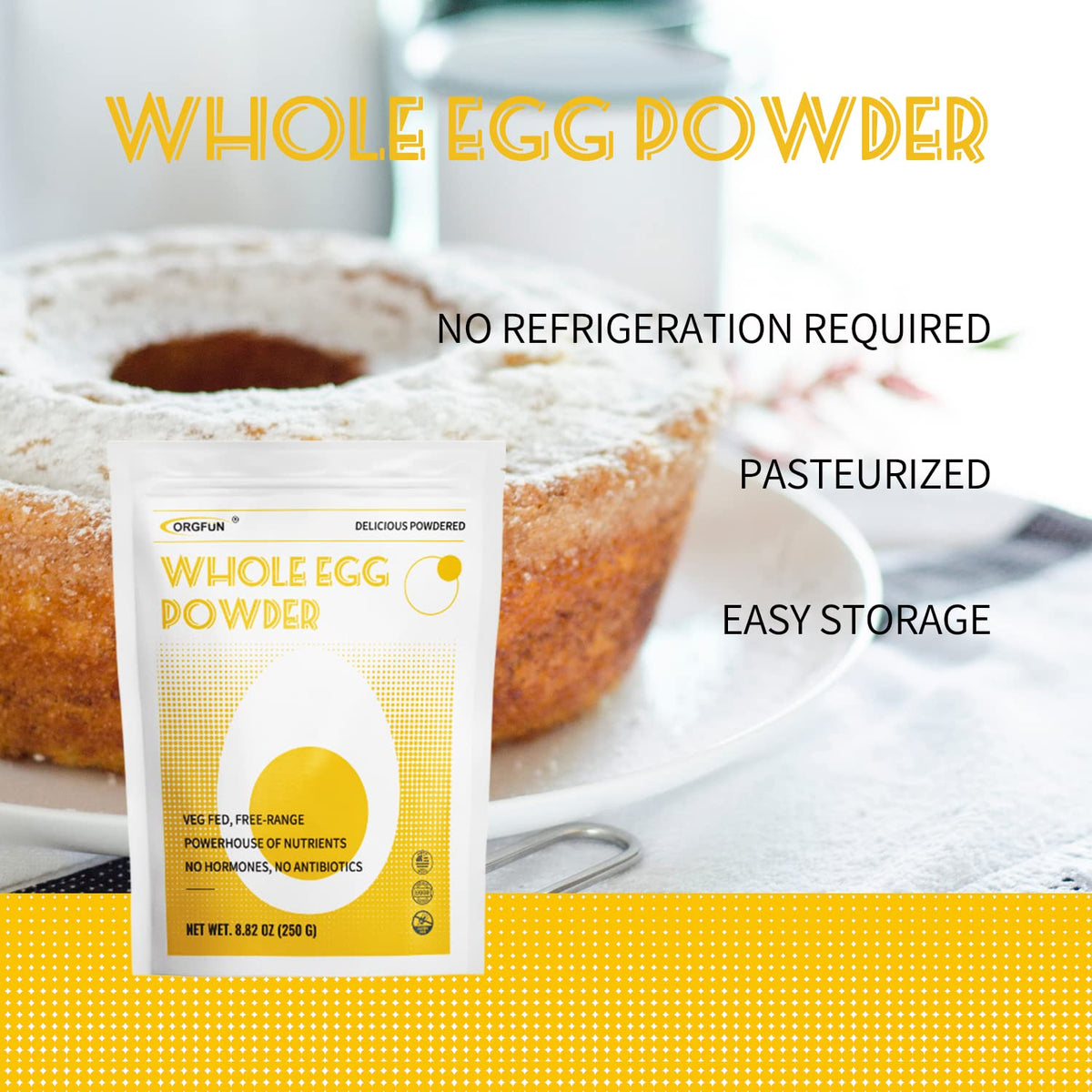 Orgfun Whole Eggs Powder, Just One Ingredient, Pasteurized Made In Usa Great For Baking , 8.82 Oz