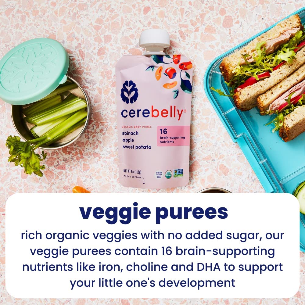 Cerebelly Organic Baby Food Pouches, Spinach Apple Sweet Potato Purees, 16 Nutrients, No Added Sugar, Fiber & Non-Gmo, 4Oz, 1 Count