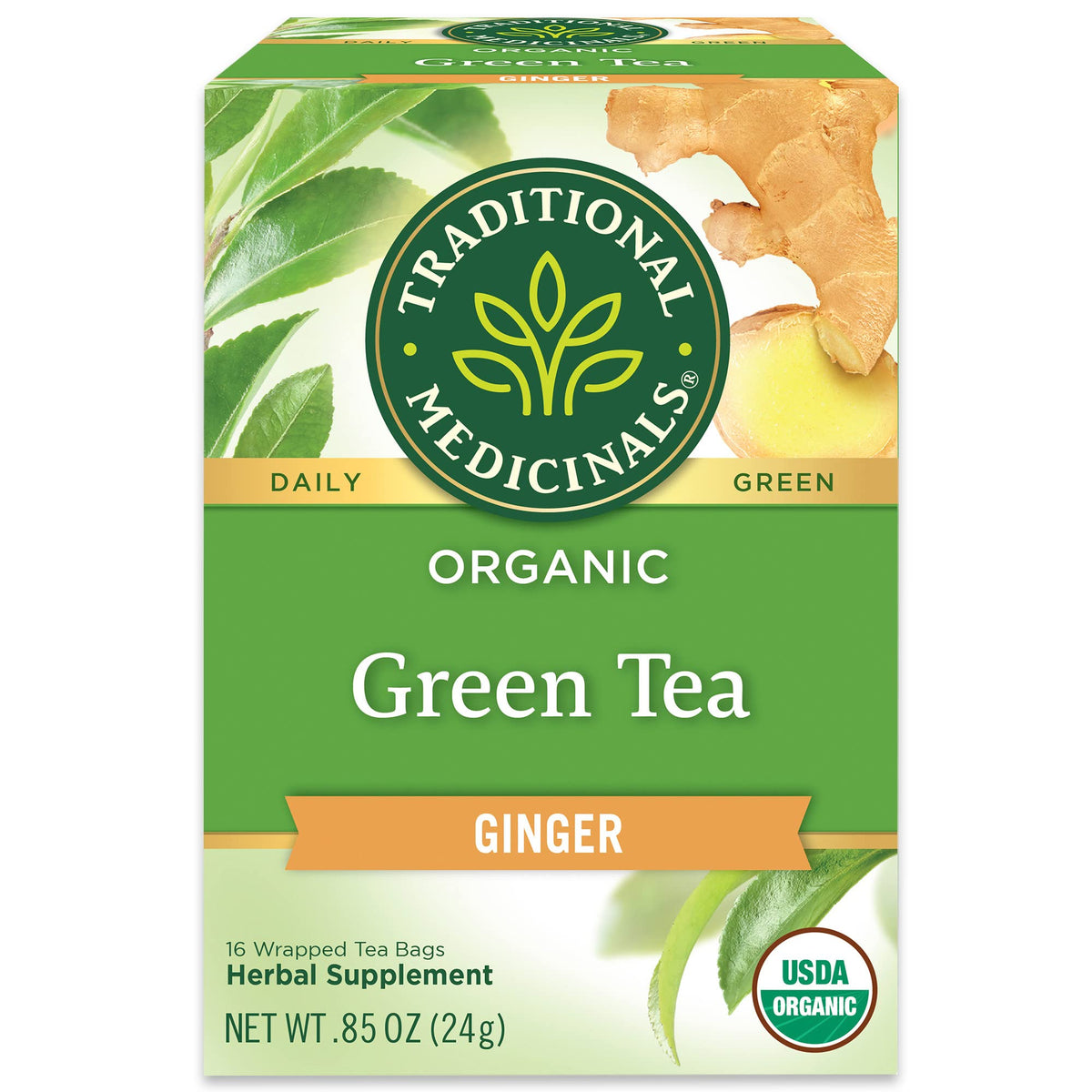 Traditional Medicinals Organic Green Tea Ginger Herbal Tea, Promotes Healthy Digestion, (Pack Of 1) - 16 Tea Bags
