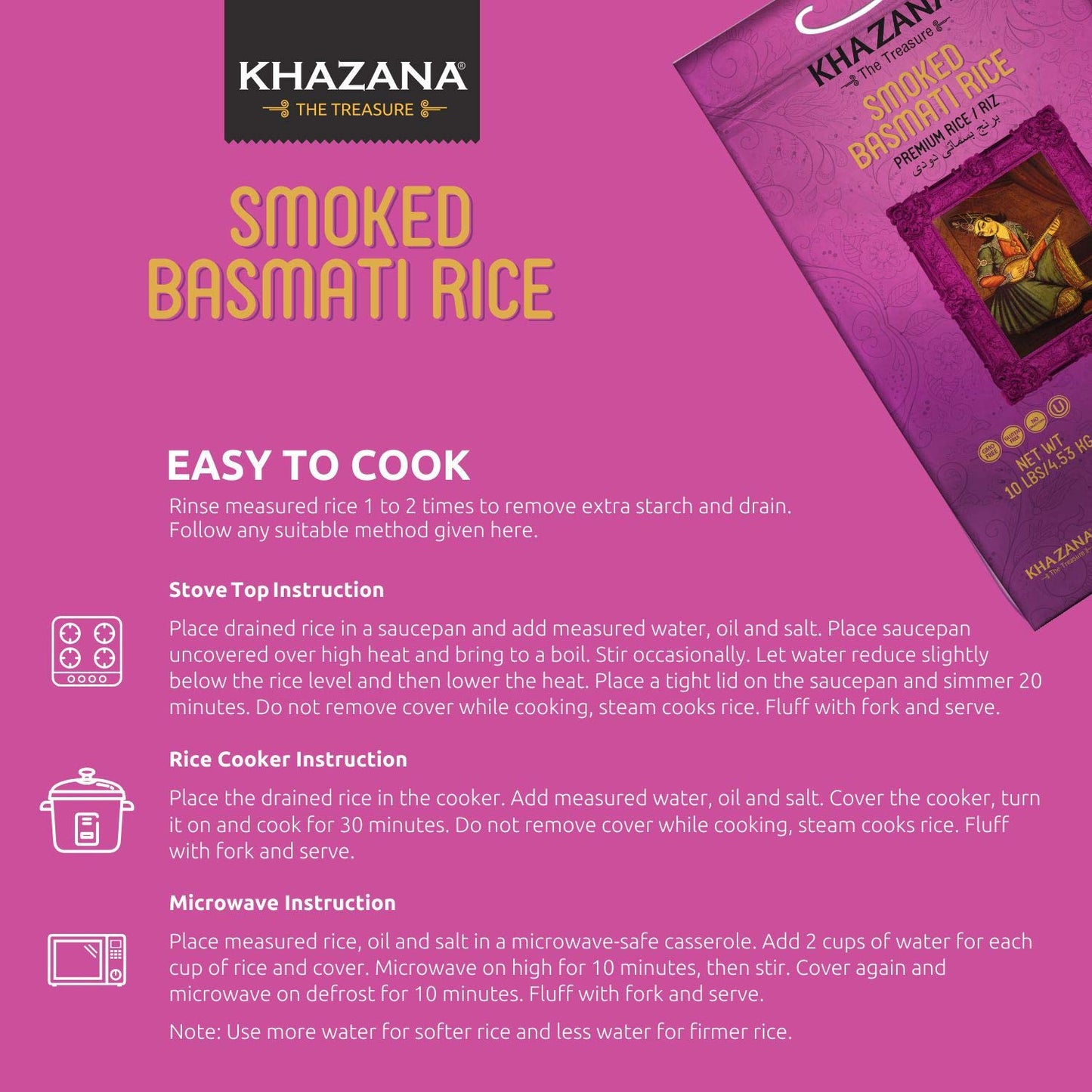 Khazana Authentic Smoked Basmati Rice, Aromatic Indian Grain, Non-GMO, Gluten Free, 10 lb Bag