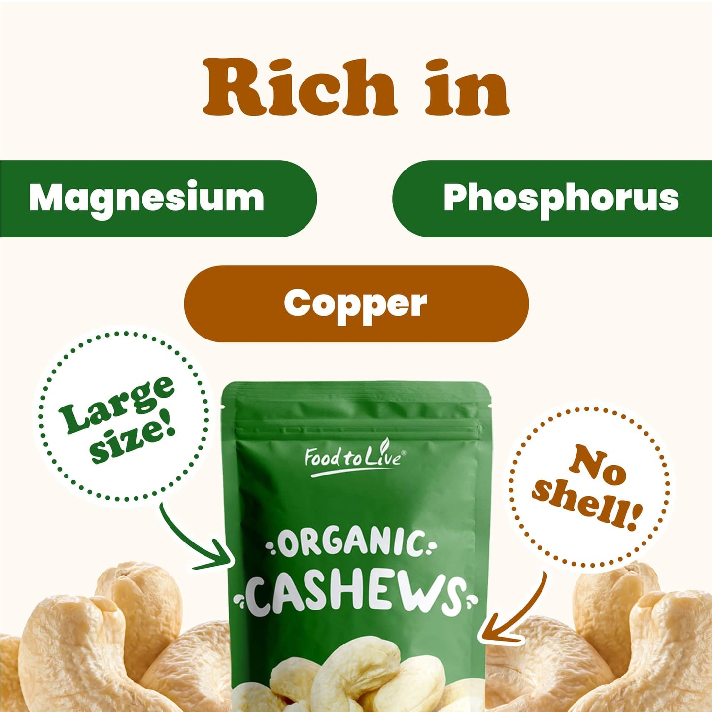 Food to Live Organic Cashews, 2 Pounds - Whole, Size W-240, Unsalted, Non-GMO, Kosher, Raw, Vegan, Bulk