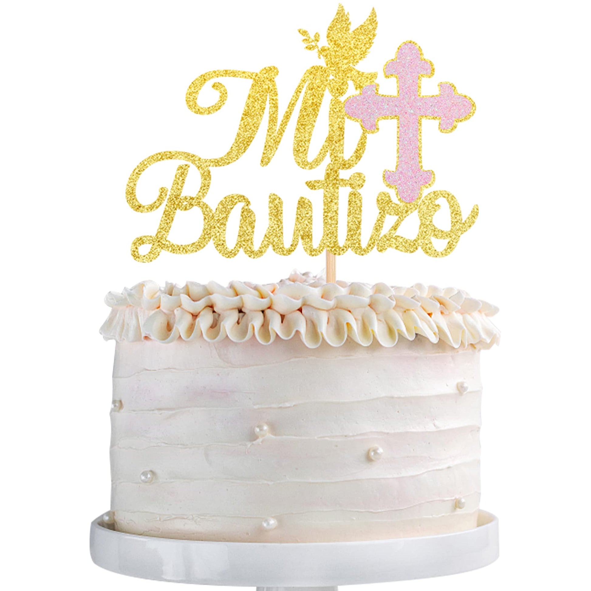 ZHUOWEISM Spanish Mi Bautizo Cake Topper, Glitter Pink Cross, Dove Design, Small, Bamboo, Gold