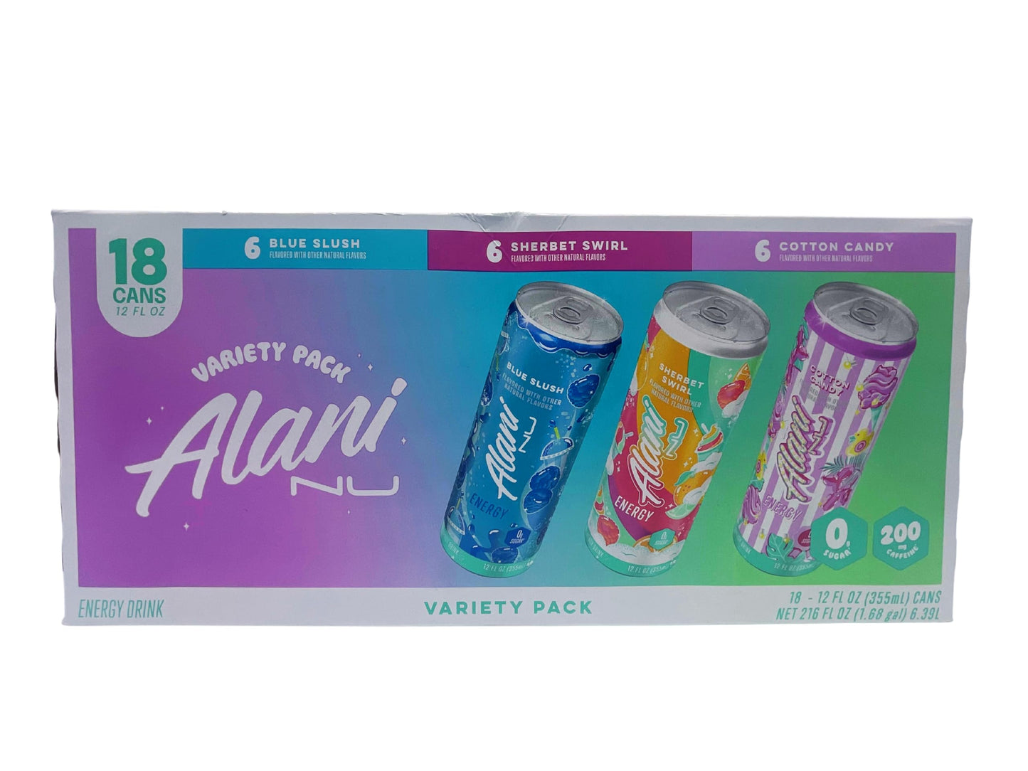 Alani Energy Drink, 18 Count Variety Pack, 3 Flavors, 6 Cans Per Flavor, 12 FL Oz Per Can, Flavors Include: Blue Slush, Sherbet 