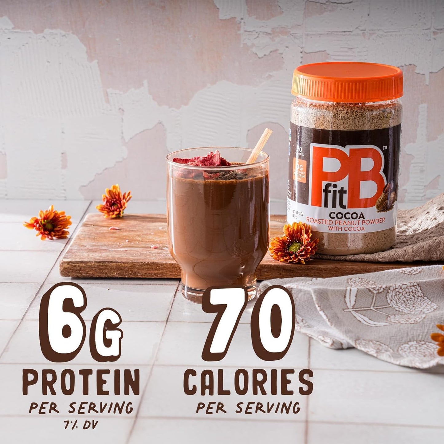 Pbfit 15 Ounce Peanut Butter Powder Chocolate Flavor, Cocoa Powdered Peanut Butter Spread From Real Roasted Peanuts And Cocoa, 6G Of Protein 7% Dv, Gluten-Free, 70 Calories, 88% Less Fat (Pack Of 1)