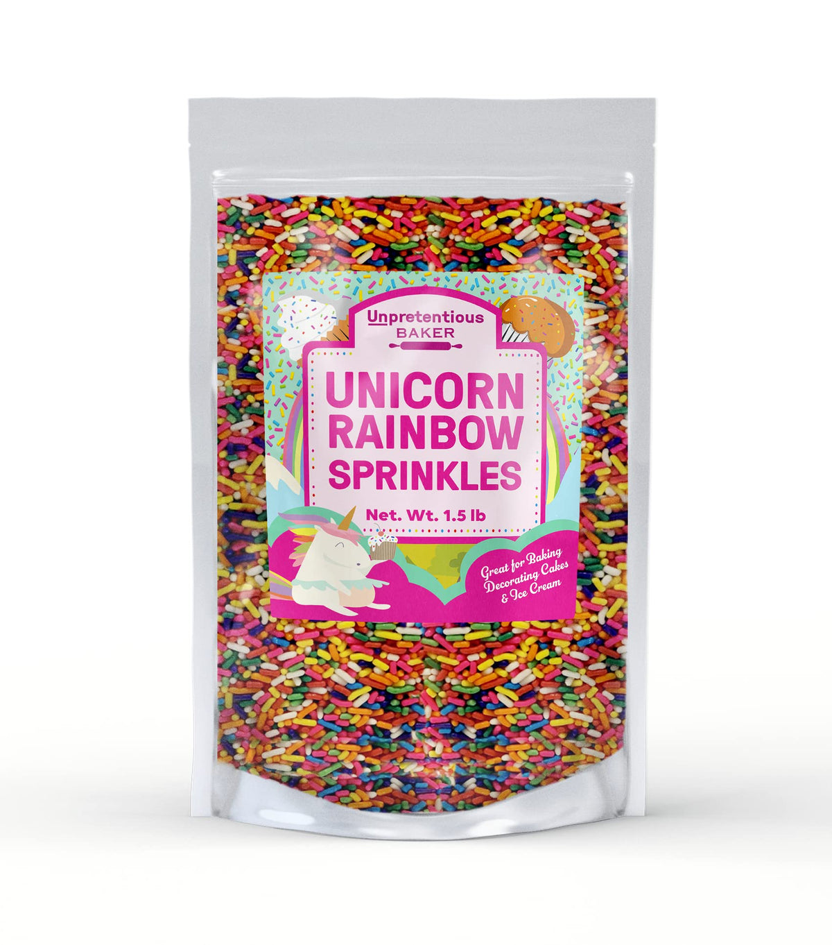 Unpretentious Unicorn Rainbow Sprinkles, 1.5 Lbs., Rainbow Jimmies, Gluten-Free, Clear Resealable Bag