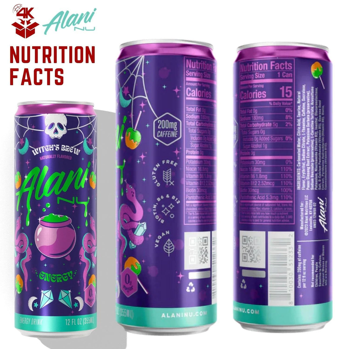 Alani Nuu Witches Brew Pack of 6, 12fl oz, 4k Logistics Bundle