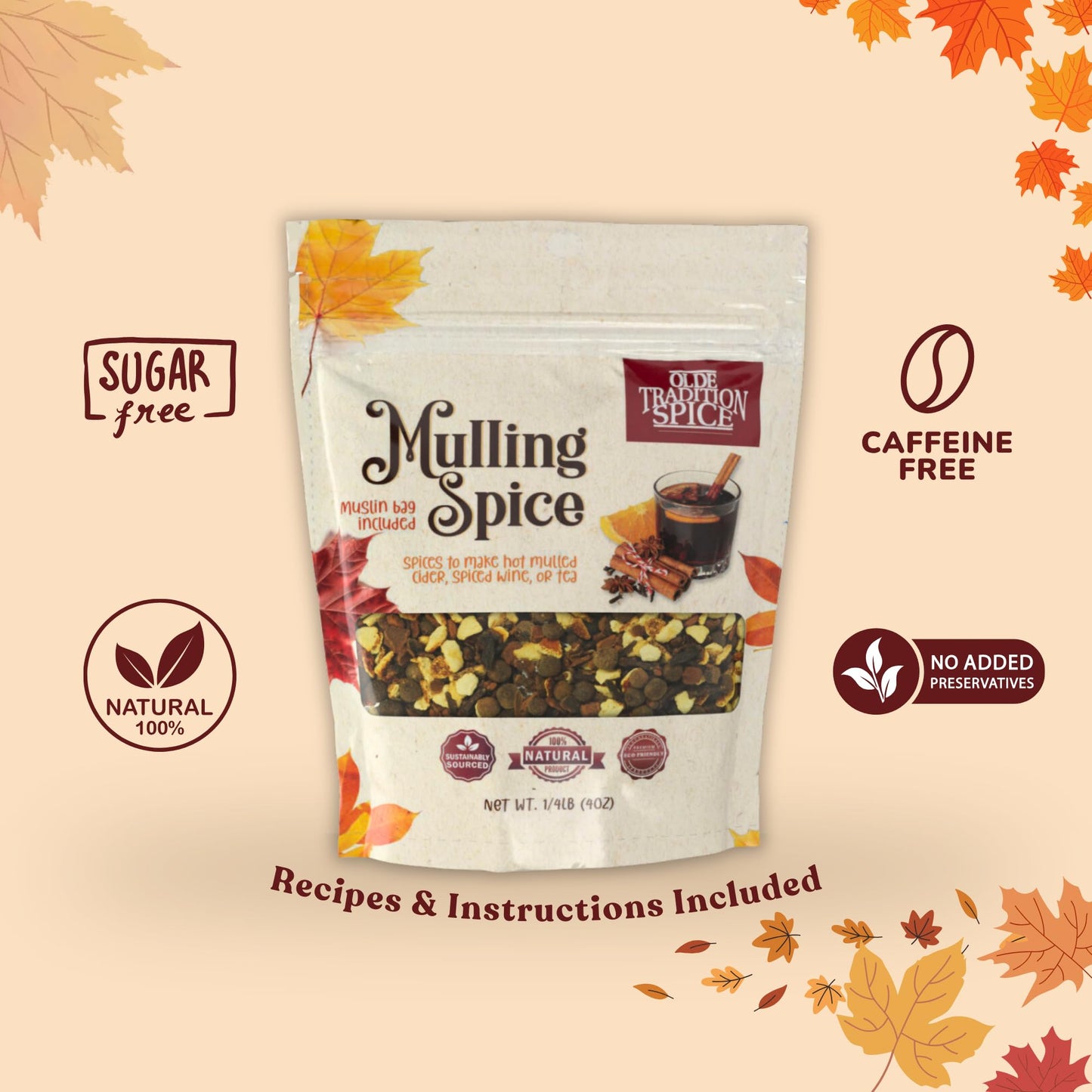 Olde Tradition Mulling Spices for Apple Cider  Mulled Wine Spices Kit  4oz Traditional Mulled Spice Mix with Muslin Bag for Steeping Stovetop Simmer Pot Hot Toddy Tea Christmas Glhwein Holiday Drink