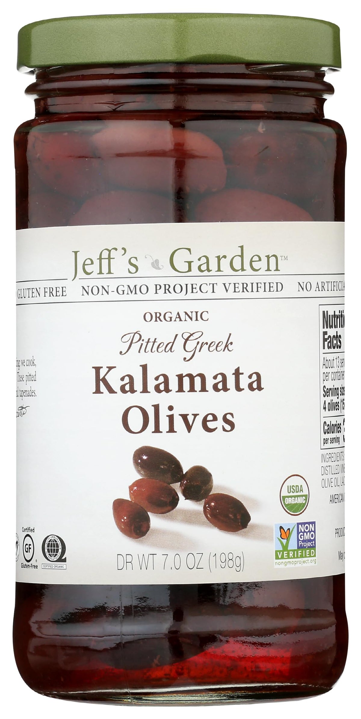 Jeffs Garden, Olives Kalamata Pitted Organic, 7 Ounce