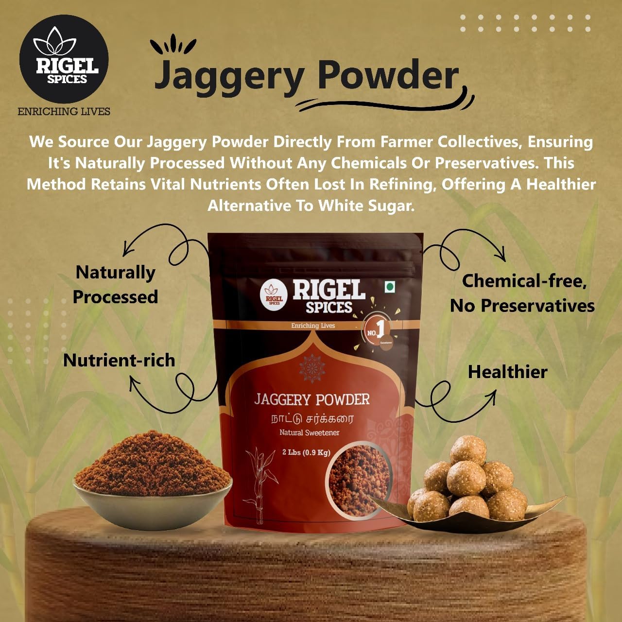 Rigel Spices Cane Jaggery Powder, Natural Sweetener, 32 Ounce (Pack of 1), No Preservatives, No Added Flavors