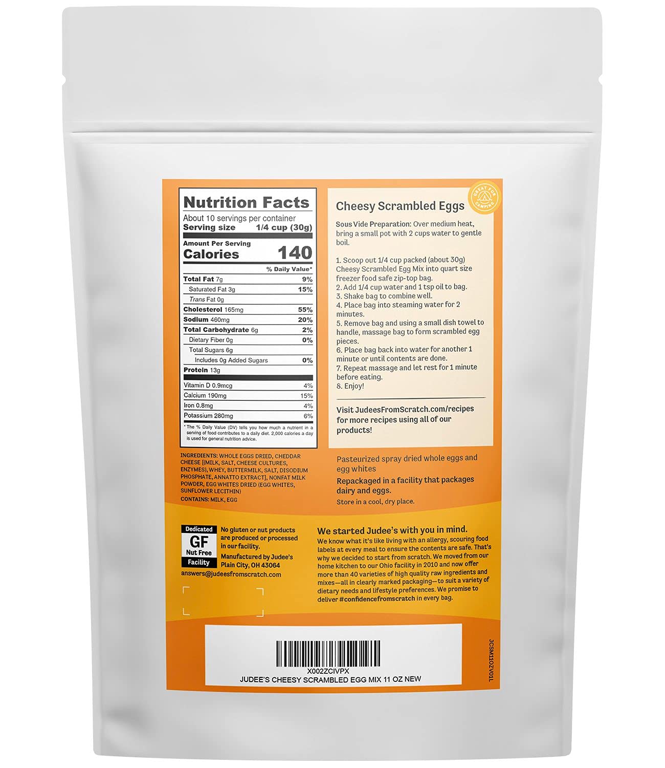 Judee s Gluten Free Cheesy Scrambled Egg Mix, 11oz, Non-GMO, Gluten-Free and Nut-Free Camping Food Essentials, Backpacking Eggs