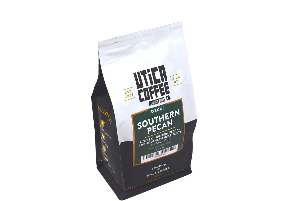 Utica Coffee Roasting Co. Decaf Southern Pecan | Specialty Flavored Medium Roast Ground Coffee | 16 Oz Reclosable Bag