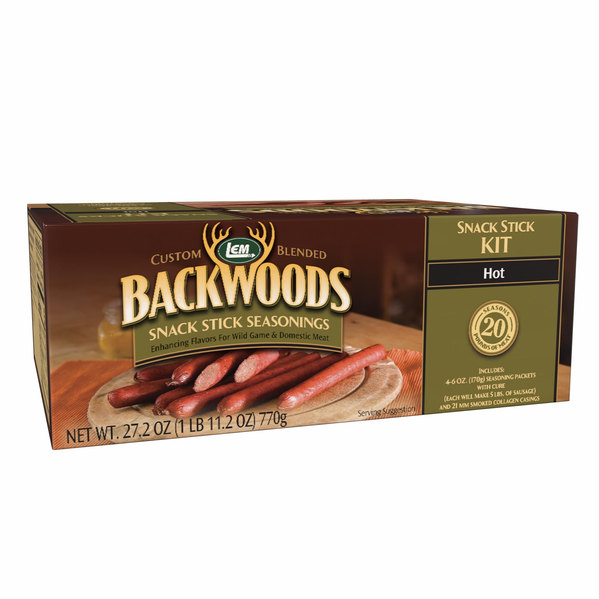 LEM Products Backwoods Hot Snack Stick Seasoning Kit, Ideal for Wild Game and Domestic Meat, Seasons Up to 20 Pounds of Meat, 1 Pound, 11.2 Ounce Package with Pre-Measured Cure Packet Included