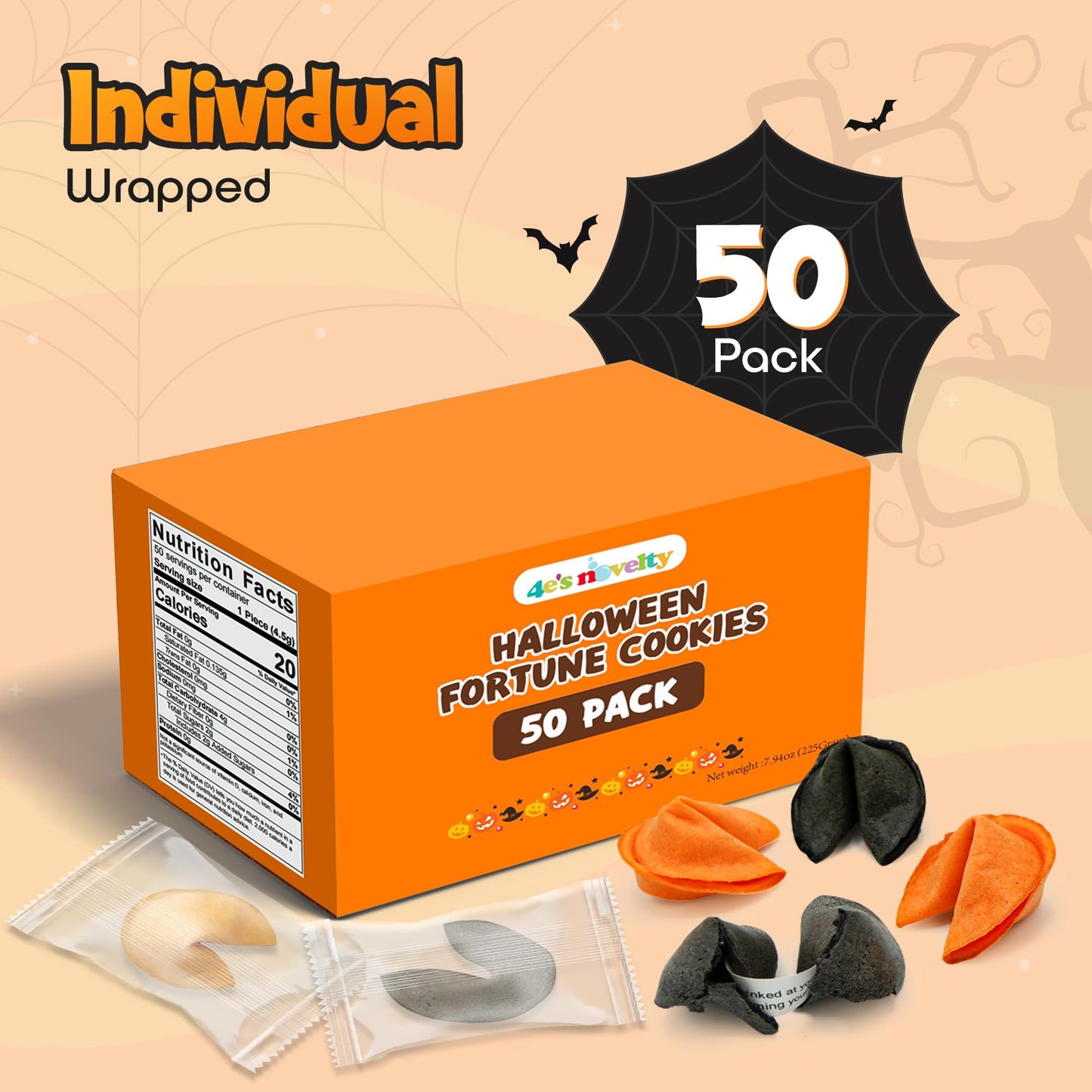 4Es Novelty Halloween Fortune Cookies Bulk - 50 Individually Wrapped with 50 Funny & Scary Fortune Cookies Sayings for Kids & mature-themeds  Trick-or-Treat Perfect for Halloween Party