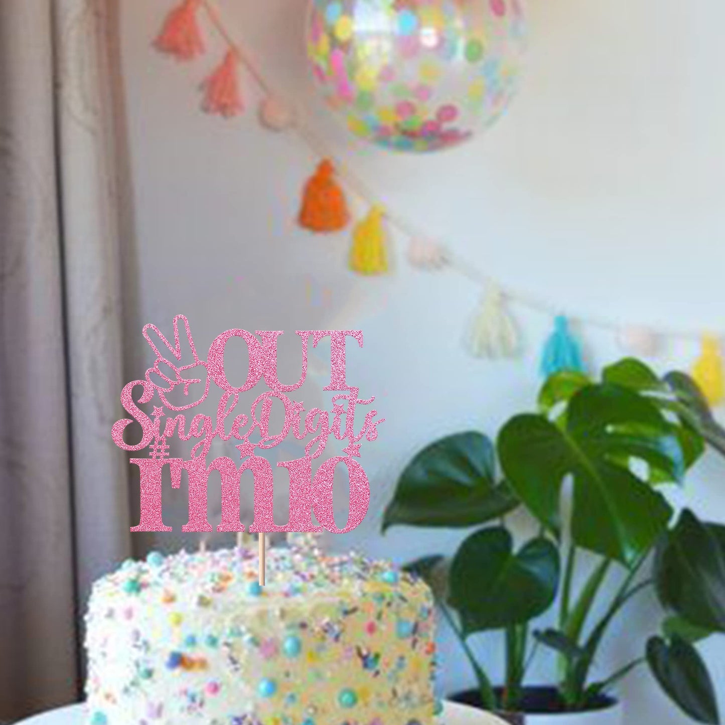 YCTHUNFISH Cake Topper Glitter 10th Birthday Decorations, Bamboo, Pink