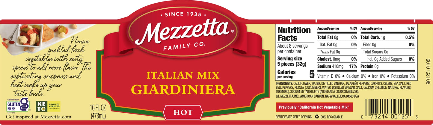 Mezzetta Italian Mix Giardiniera Chicago Style - Hot Giardiniera with Carrots, Celery, Cauliflower & Jalapeo - Tangy Pickled Veg