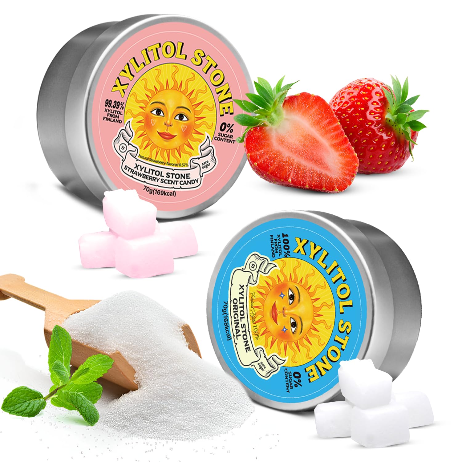 Xylitol Stone Sugar Free Candy - Vegan & Keto Friendly Unique Hard Candy - 100% Natural Flavor Candies - Gluten Free & Non-Gmo Breath Freshener Low Calorie Mints - Pack Of 2 (Oriflavor Blendal  Strawberry)